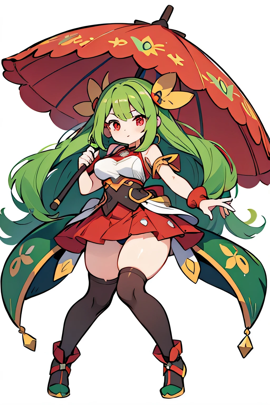 Human Dodaitos Pokemon; super breasts;full body;Costumes inspired by Dodaitos Pokemon;;female;;red eyes green hair;No background;background white;thick thighs;Brown tights;green umbrella