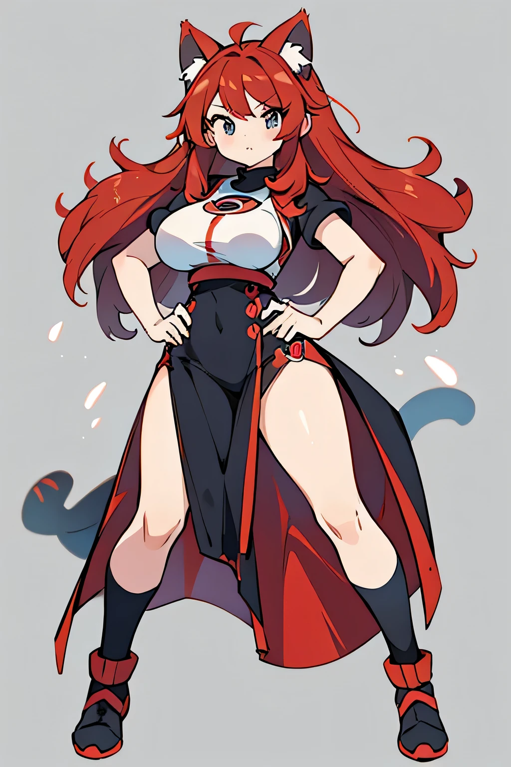 Human Gaogaen Pokemon; big breasts;full body;Costumes inspired by Gaogaen Pokemon;wrestling;female;black eye;Red hair;No background;background white;Cat ear