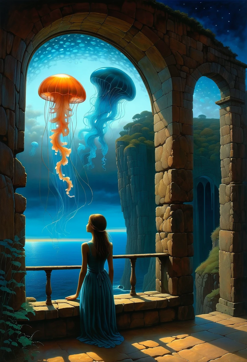beautiful dark room，There is a big window, The scenery outside the window，Looking out from the window，Girl looking into the distance at the window，The Faceless Stone Woman on the Bridge，Handheld Light，Background with jellyfish, With the sky as a background, Brome&#39;s Art, Magic  artwork, super fine, Fantasy Art Surrealism Beksinski