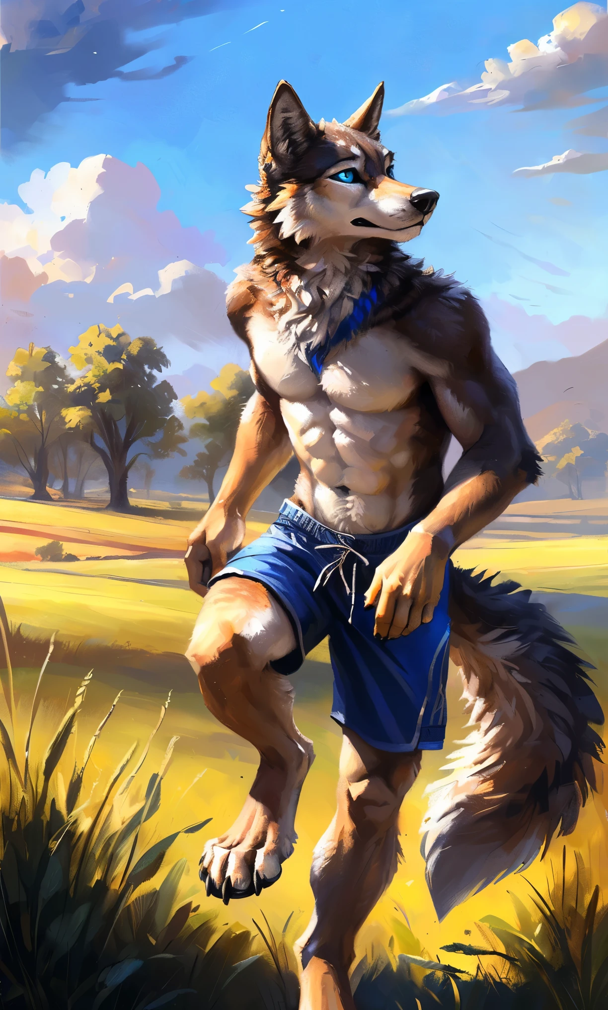 ((Solo)), male people, anthro wolf, (Multi-colored fur, White-brown:1.3，White tail pointed), (Height 2.1m,Tail length 1.2m), ((Wolf face, Big eyes, White eyelids, Blue pupil, Slim:1.2) (Tough, Calm expression:1.2)), Abs, Slim, pinging)), (Correct anatomy), (Work shorts:1.1), The upper body  naked, (detailed outfits),A long big tail，Feet，(Realistic fur, Detailed fur texture, labeled:1.3)), (Natural lighting), Photorealistic, Hyperrealistic, ultradetailed, by Kenket，Field，erect through，Running on