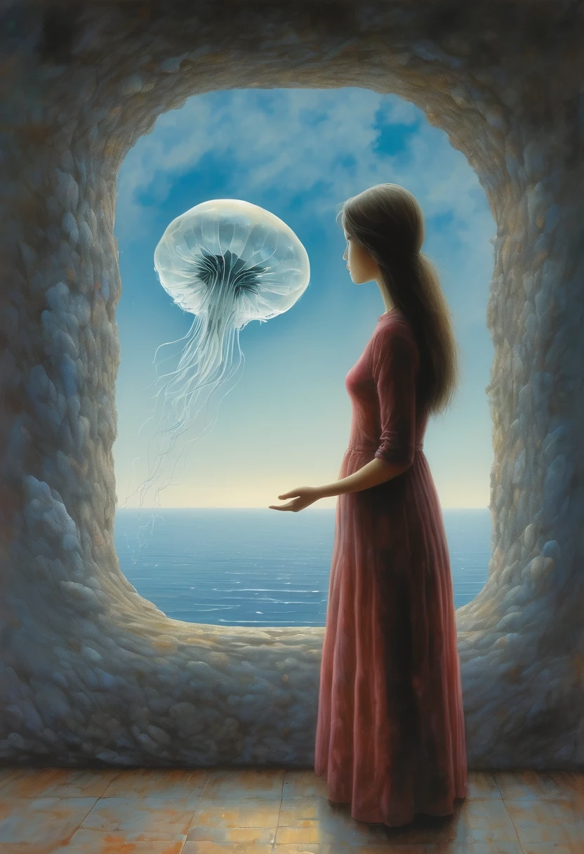 The scenery outside the window,Looking out from the window,Girl looking into the distance at the window,The Faceless Stone Woman on the Bridge,Handheld Light,Background with jellyfish, With the sky as a background, Brome's Art, Magic artwork, super fine, Fantasy Art Surrealism Beksinski