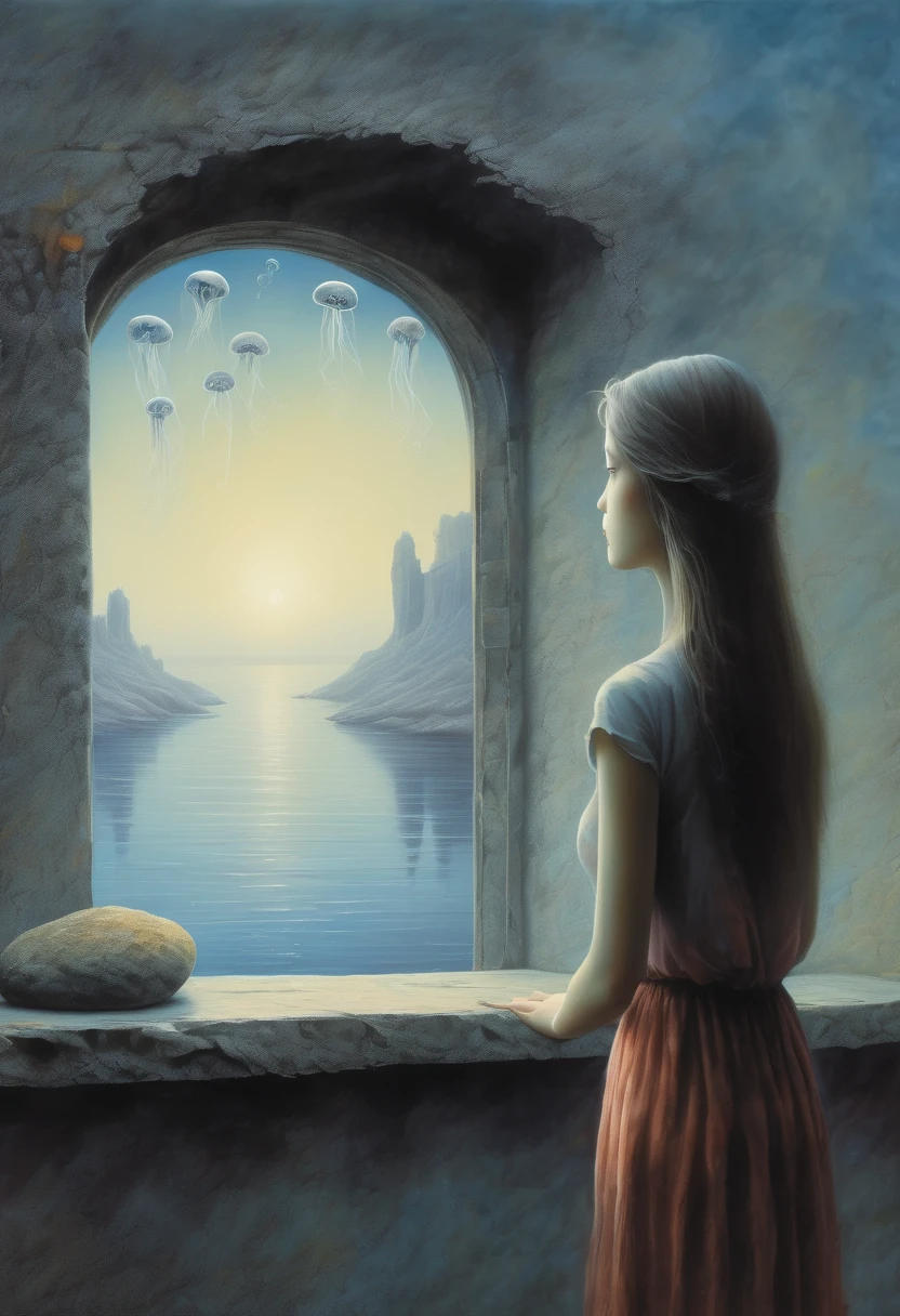The scenery outside the window,Looking out from the window,Girl looking into the distance at the window,The Faceless Stone Woman on the Bridge,Handheld Light,Background with jellyfish, With the sky as a background, Brome's Art, Magic artwork, super fine, Fantasy Art Surrealism Beksinski