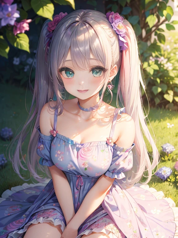 小さなgirl、The arrival of spring、big ass、 (alone:1.5,)Super detailed,bright colors, very beautiful detailed anime face and eyes, look straight, ;d, shiny_skin,girl, ((long silver hair,The inner color is red 、forehead is exposed.、green eyes、、shiny hair, delicate beautiful face, blush、(turquoise eyes), White skin, Valletta, earrings,、blue flower field、(((Pink ruffled dress with floral print、purple mini skirt)))、twin tails、smile、smile、Face dyed red
