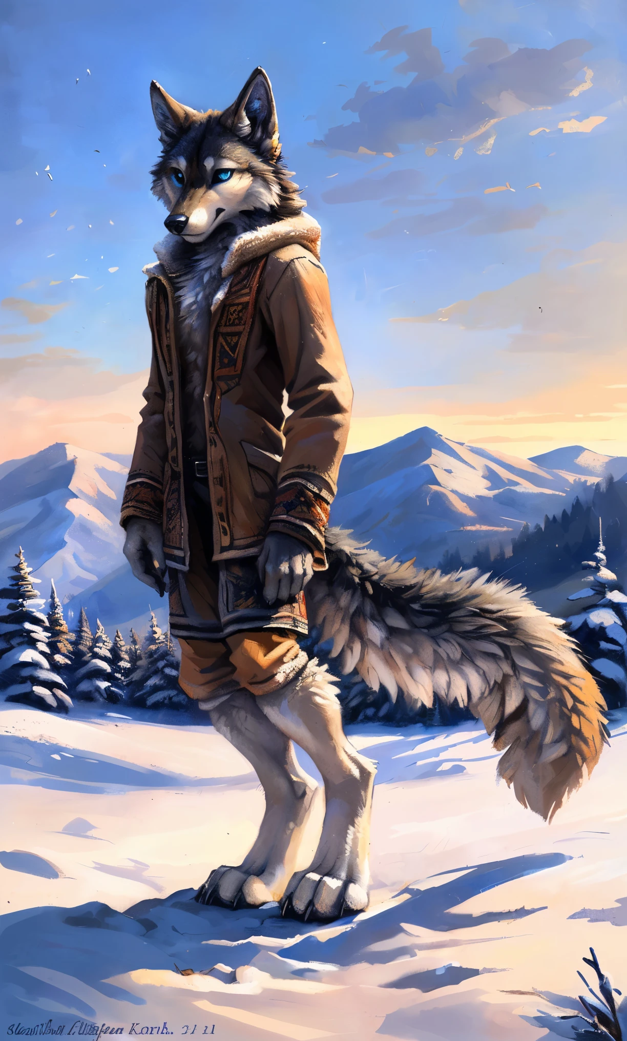 ((Solo)), male people, anthro wolf, (Multi-colored fur, White-brown:1.3,White tail pointed), (Height 2.1m,Tail length 1.2m), ((Wolf face, Big eyes, White eyelids, Blue pupil, Slim:1.2) (Tough, Calm expression:1.2)), Slim, pinging)), (Correct anatomy), (Winter clothing:1.1), The upper body naked, (detailed outfits),A long big tail,Feet,(Realistic fur, Detailed fur texture, labeled:1.3)), (Natural lighting), Photorealistic, Hyperrealistic, ultradetailed, by Kenket,Snowfield,erect through,Running on