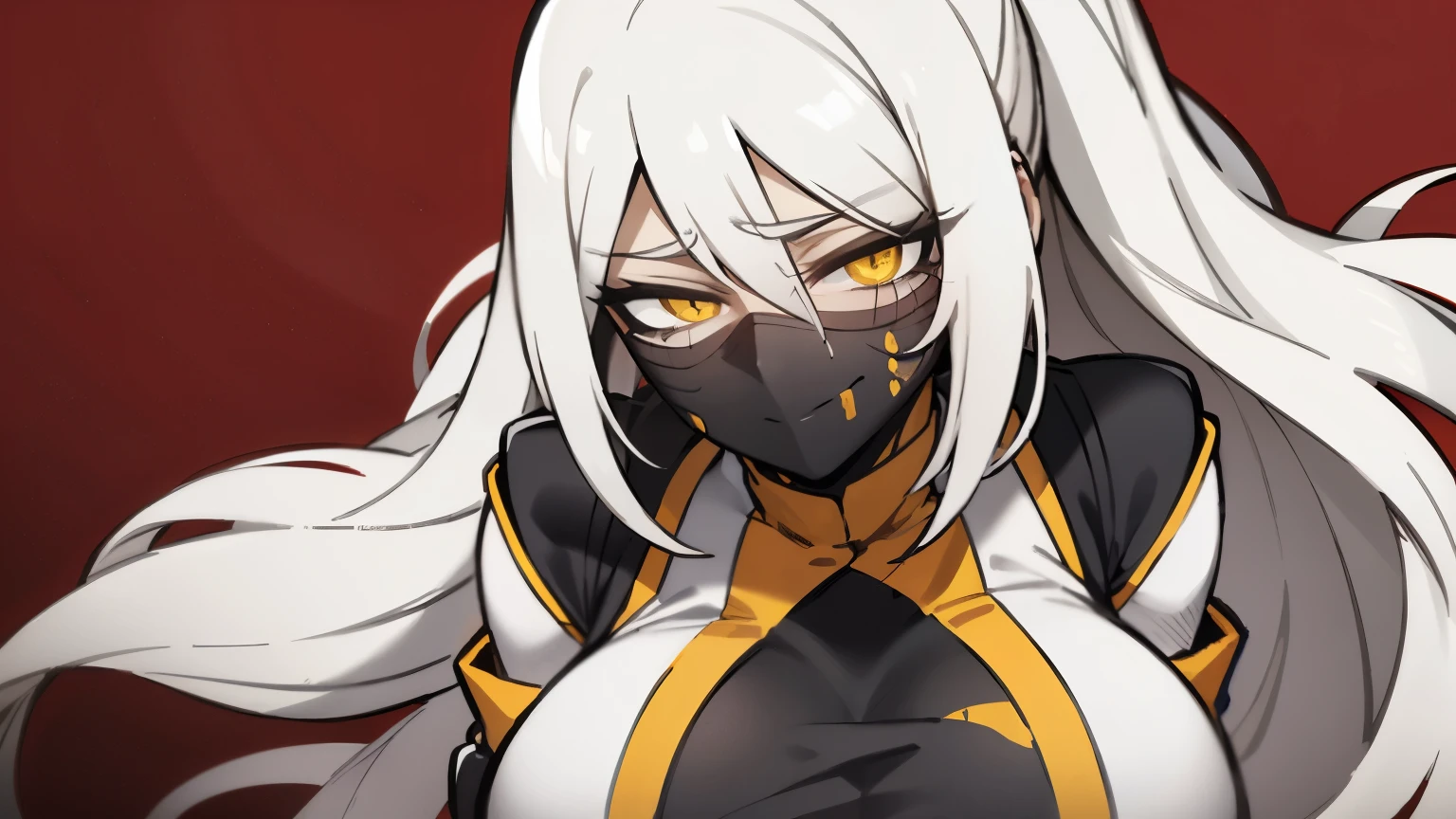 (best quality,highres),tall woman with a big bust smiling towards the camera, removing a black mask with her white hair and yellow eyes, dressed in a white ninja costume with blood stains, holding a gun crying
