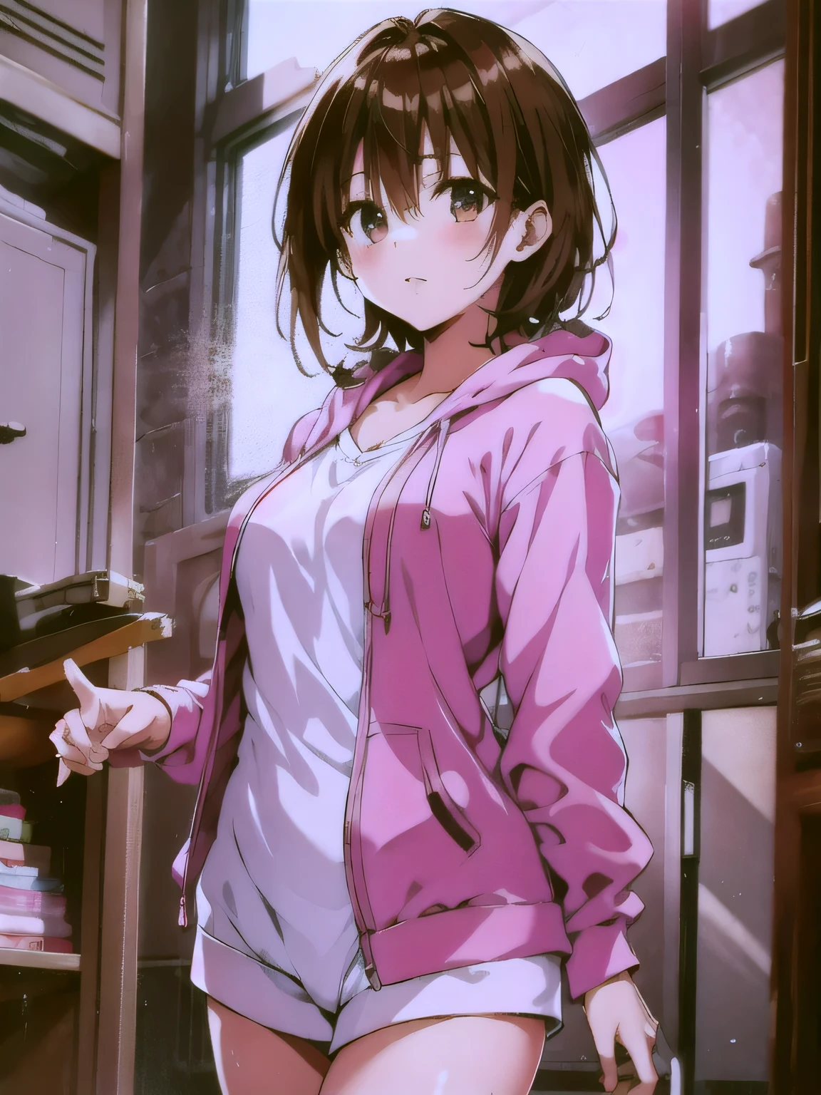 2d cel anime, {{{katou megumi}}}, {{saenai heroine no sodatekata}}, brown eyes,brown hair,short hair,shiny hair, okappa, medium breasts, realistic, intricate, overall detail, depth of field,,{{pink striped hoodie}}, loungewear, no pants,,1girl, solo, ,solo focus,,cowboy shot,,from front, straight-on, front view, ,2d cel anime, realistic, intricate, overall detail, depth of field,,year 2023,,very aesthetic, best quality, amazing quality, ,curated, illustration, highly detailed, absurdres