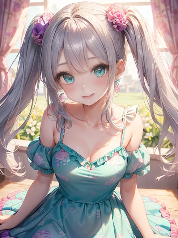 小さなgirl、The arrival of spring、big ass、 (alone:1.5,)Super detailed,bright colors, very beautiful detailed anime face and eyes, look straight, ;d, shiny_skin,girl, ((long silver hair,The inner color is red 、forehead is exposed.、green eyes、、shiny hair, delicate beautiful face, blush、(turquoise eyes), White skin, Valletta, earrings,、blue flower field、(((Pink ruffled dress with floral print、purple mini skirt)))、twin tails、smile、smile、Face dyed red