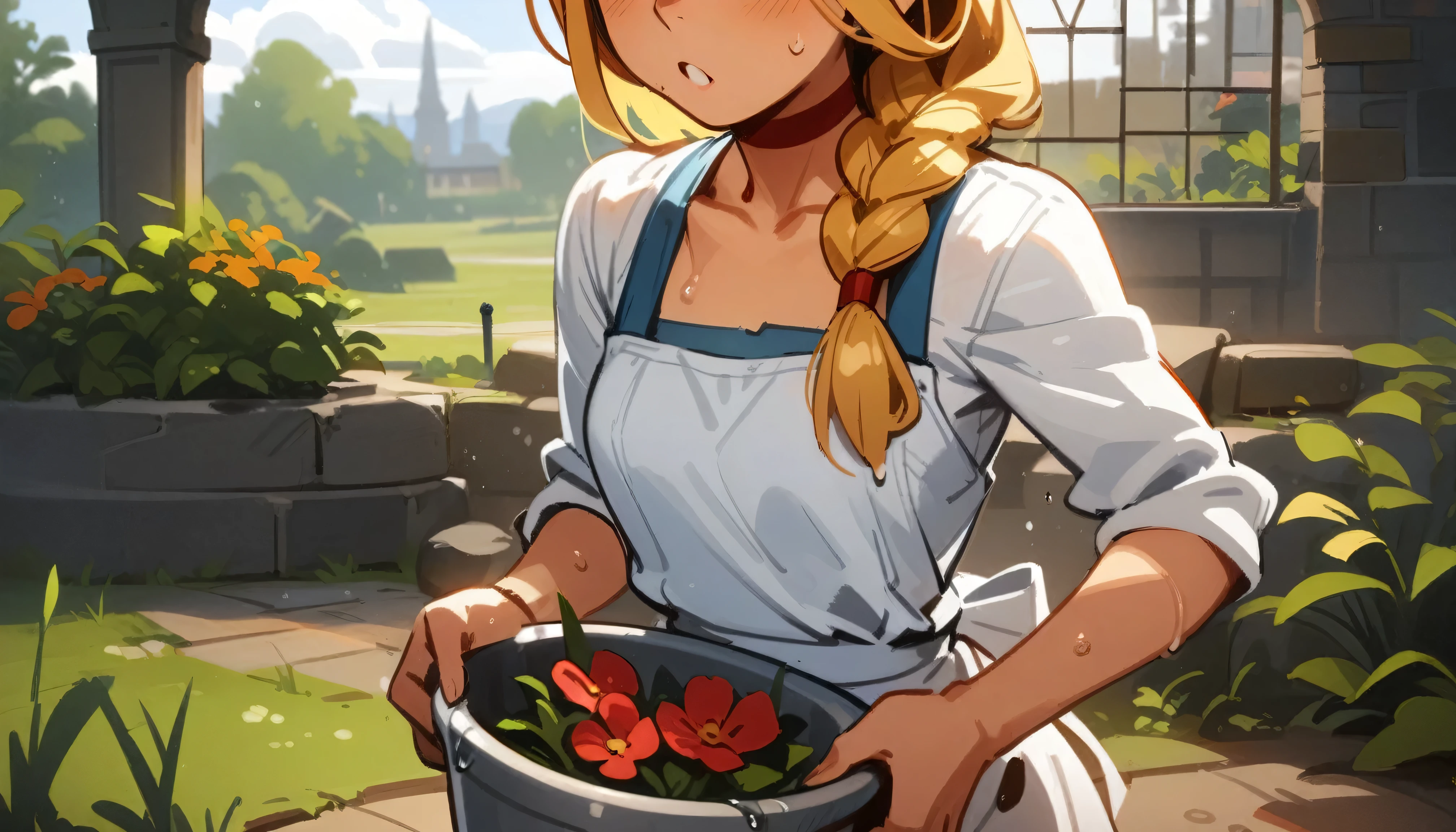 masterpiece, best quality, pointy ears, braid, solo, green eyes, elf, blonde hair, , 1girl, long hair, hair over shoulder, single braid, morning atmosphere, , rating:nsfw, , wearing only white kitchen apron, sexy, wet, (by khyle:0.5), garden, holding a pot of flowers, in the center of the frame, small breasts