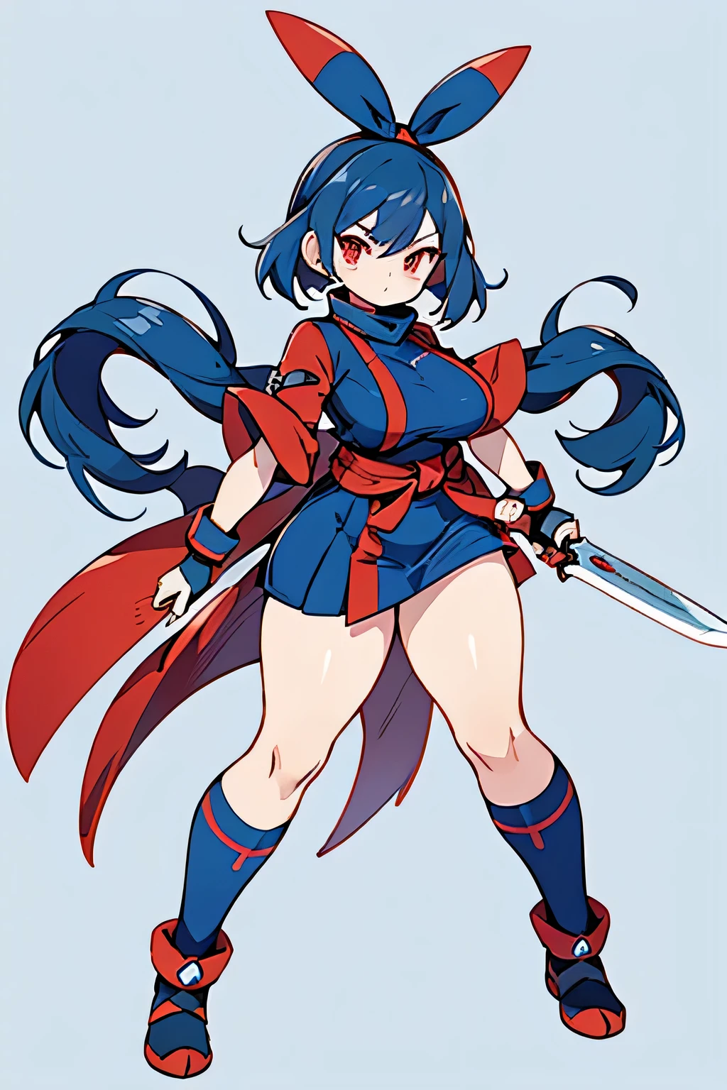 Human Gekkouga Pokemon;full body;Outfits inspired by Gekkouga Pokemon;Kunoichi;red muffler;blue clothes;red eyes;female;big breasts;blue hair;background white;No background;knife;thick thighs