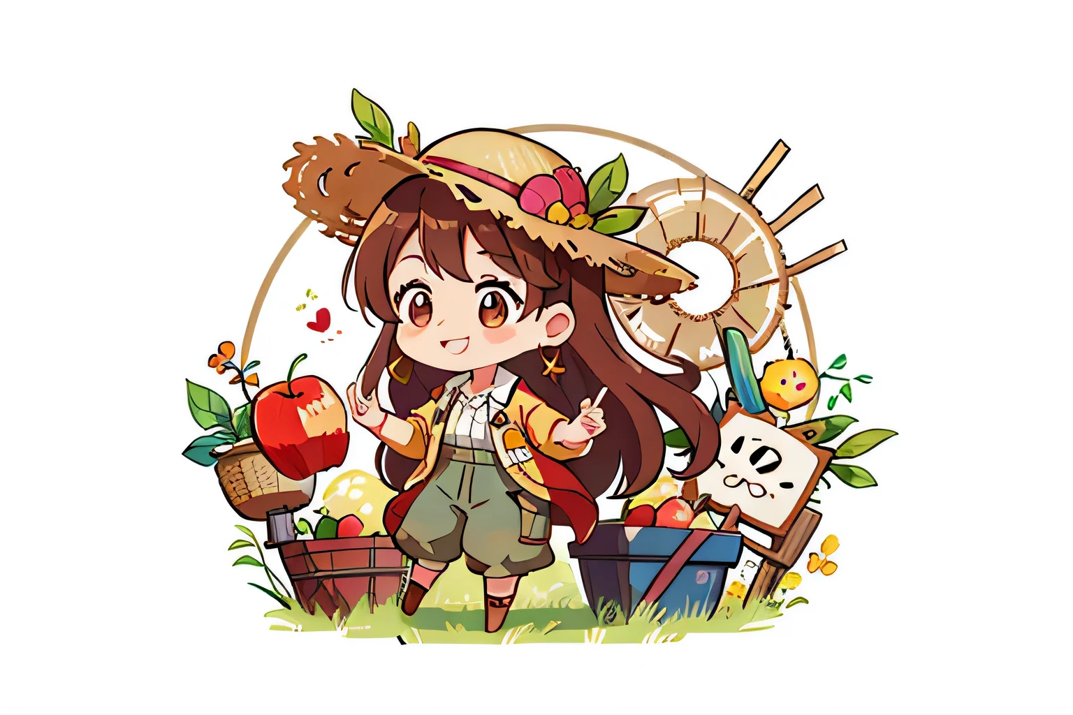 Girl with long brown hair,Put on the farmer suit,(With straw hat),in apple orchard,colorful,Dance(with love)happy,apple(surrounded by love),O sign,vector,line art,design,inspiration,straight line,RHAD