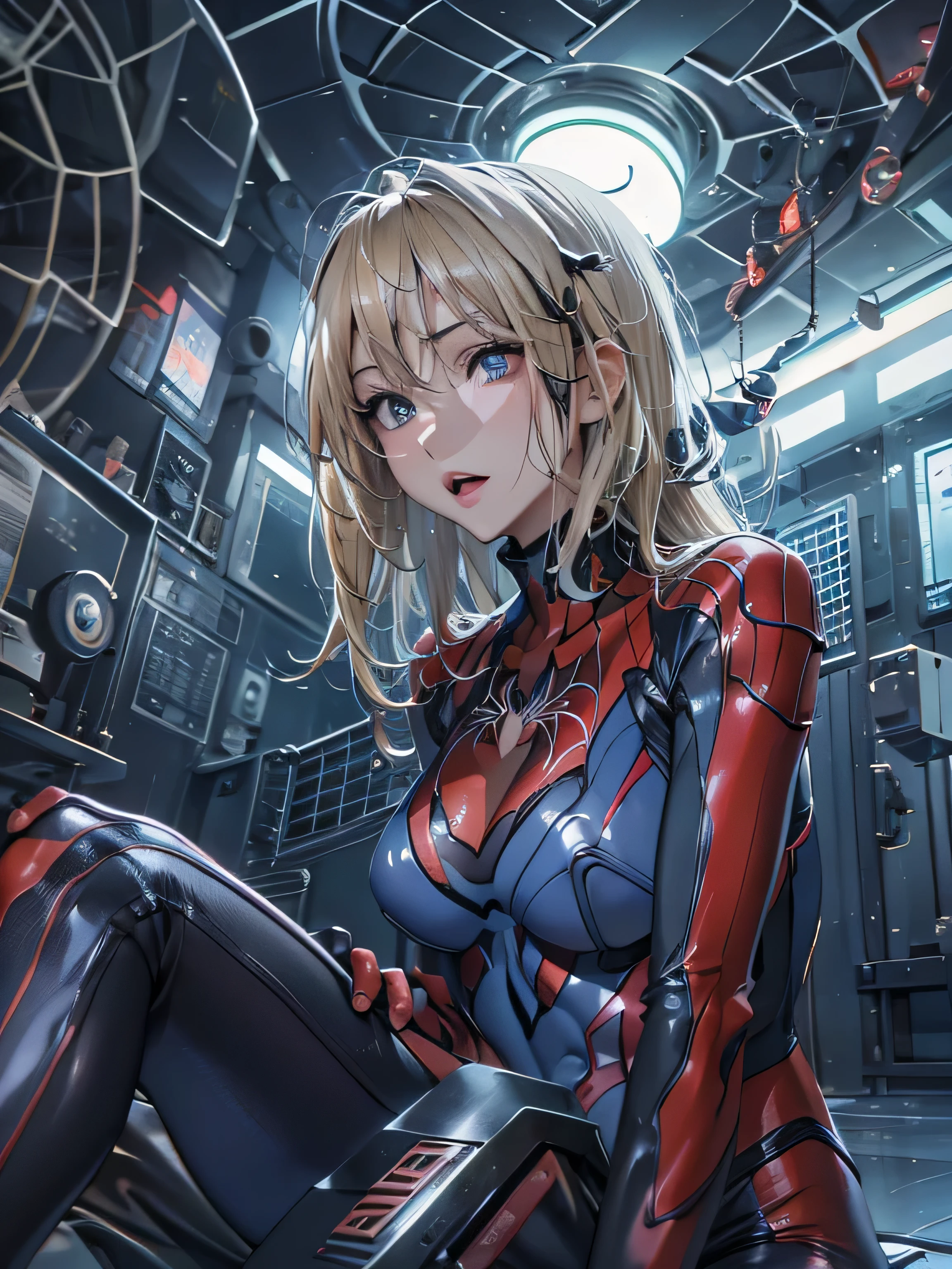 (photorealistic:1.8, highest quality:1.8,8K masterpiece:1.8,High resolution,muste piece:1.8,RAW Photos,cinematic lighting),
cyber punk、spider girl、(Soryu Asuka Langley)、(alternative、dull tone、calm tone:1.3)(High leg spider tight suit:1.7)((Moderate chest:1.3)、Arachne tattoo on chest、Arachne:1.2) (look back、squat、raise your hand:1.2)(body fluids attached to the body:1.4)spiderweb、The white body contains Arachne threads.。(elation:1.4)、
(midium Hair:1.2,Beautiful, shining blue, white, red, black, blonde hair:1.5)、
plump nipples、(cameltoe),No split screen,slender abs:1.2,(Young sensual gravure idol)