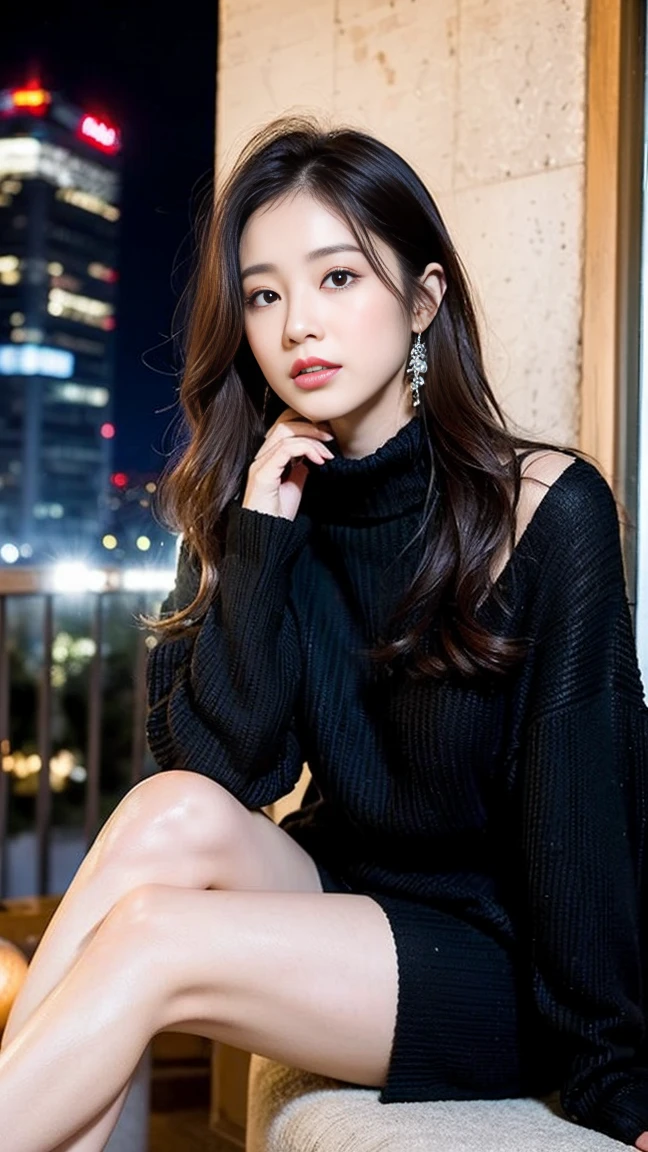 dark brown hair、light brown eyes、Japanese actress face、 lady、I'Iは彼とIが好きです'I'Iは40歳くらいです.、(intricate details:1.2)、(which one is the top?:1.4)、 (ultra high resolution:1.2)、ultra high resolution、(finely tuned)、(detailed facial features)、nffsw、8K resolution、D cup size breasts、long hair、rooftop bar、night view、luxurious space、relax、、,full body photo、head to toe shot、beautiful feet、camisole dress、beautiful feet、she, center of fashion, extreme details, very detailed, realistic, hourglass body, obscene pose,、、I cry a lot、tears、diagonally from below、raise your chin、put your butt against the wall、relaxした表情、Pose of Weakness、(auraroid photo:1.2)、from outside the window、A masterpiece of transparent painting、8K、32k、highest quality、(Details of both eyes)、1 girl、elegant、(black loose knit :1.4)、night view。(Diagonal Downward Angle、見上げてIを見ている:1.2)、Hilarious、look at the camera、
