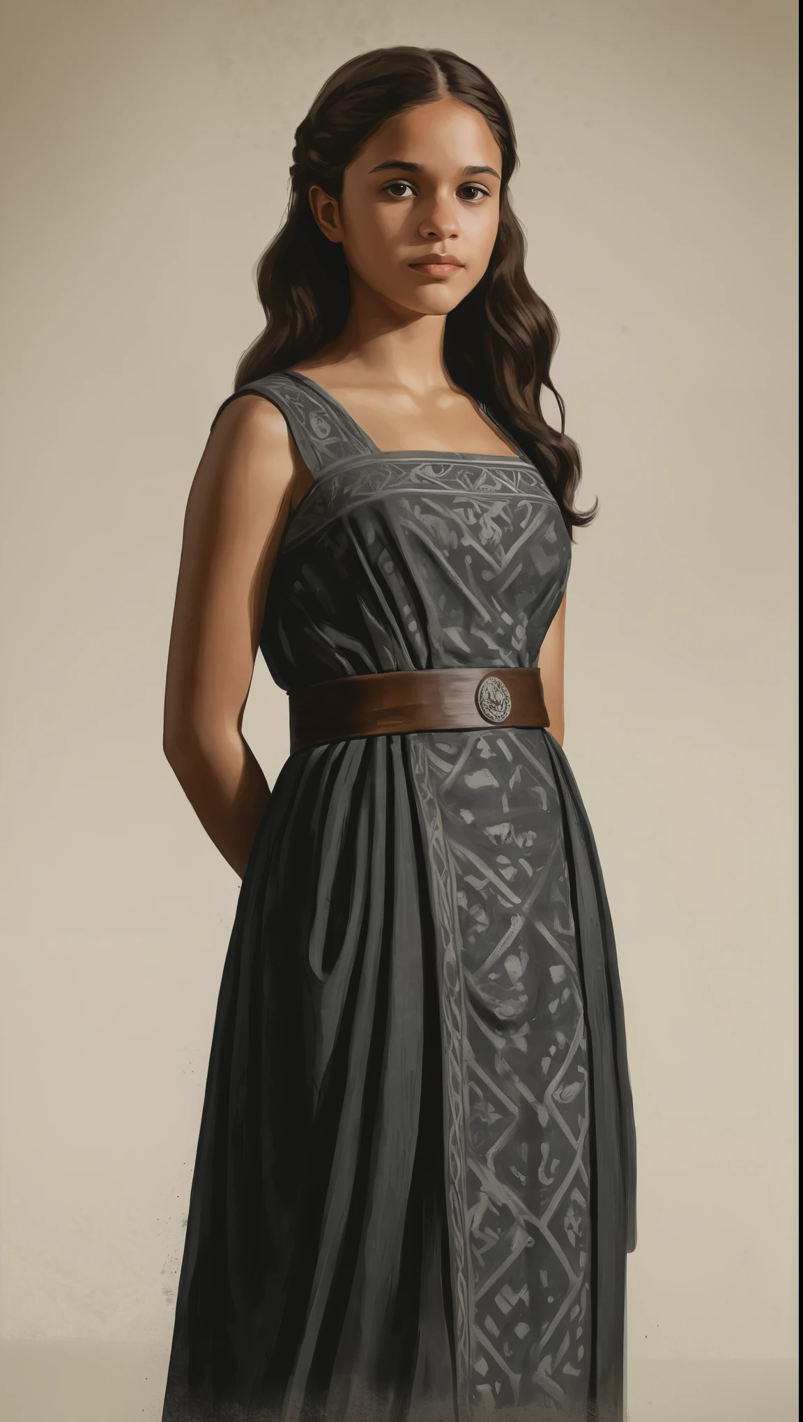 An illustrated movie poster, hand-drawn, full color, a young girl, wearing a regal black chiton, resembles Mathilde Lando, warm brown complexion, dark hair, long loose hair, waist-length hair, posing on a pedestal, hard shadows, graphite shading, stencil marks, airbrushed acrylic paint, masterpiece, in the style of Game of Thrones