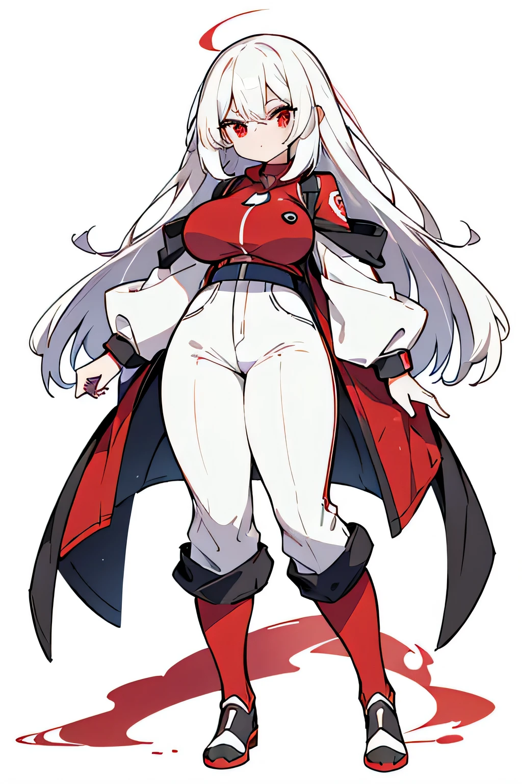 human aceburn pokemon; big breasts;full body;Aceburn Pokemon-inspired costumes;female;white clothes;white hair;red eyes;soccer;red pants;background white;No background;thick thighs