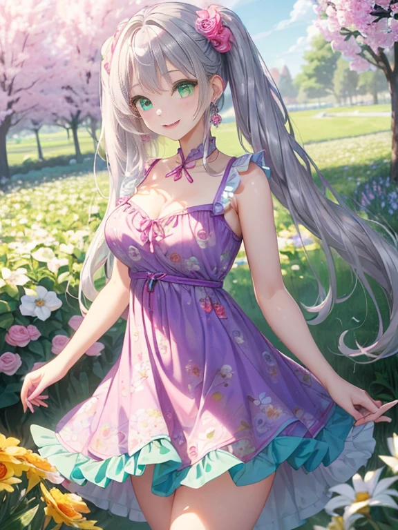 小さなgirl、thick thighs、The arrival of spring、big ass、 (alone:1.5,)Super detailed,bright colors, very beautiful detailed anime face and eyes, look straight, ;d, shiny_skin,girl, ((long silver hair,The inner color is red 、forehead is exposed.、green eyes、、shiny hair, delicate beautiful face, blush、(turquoise eyes), White skin, Valletta, earrings,、blue flower field、(((Pink ruffled dress with floral print、purple mini skirt)))、twin tails、smile、smile、Face dyed red
