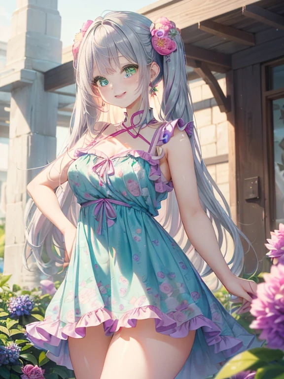 小さなgirl、thick thighs、The arrival of spring、big ass、 (alone:1.5,)Super detailed,bright colors, very beautiful detailed anime face and eyes, look straight, ;d, shiny_skin,girl, ((long silver hair,The inner color is red 、forehead is exposed.、green eyes、、shiny hair, delicate beautiful face, blush、(turquoise eyes), White skin, Valletta, earrings,、blue flower field、(((Pink ruffled dress with floral print、purple mini skirt)))、twin tails、smile、smile、Face dyed red