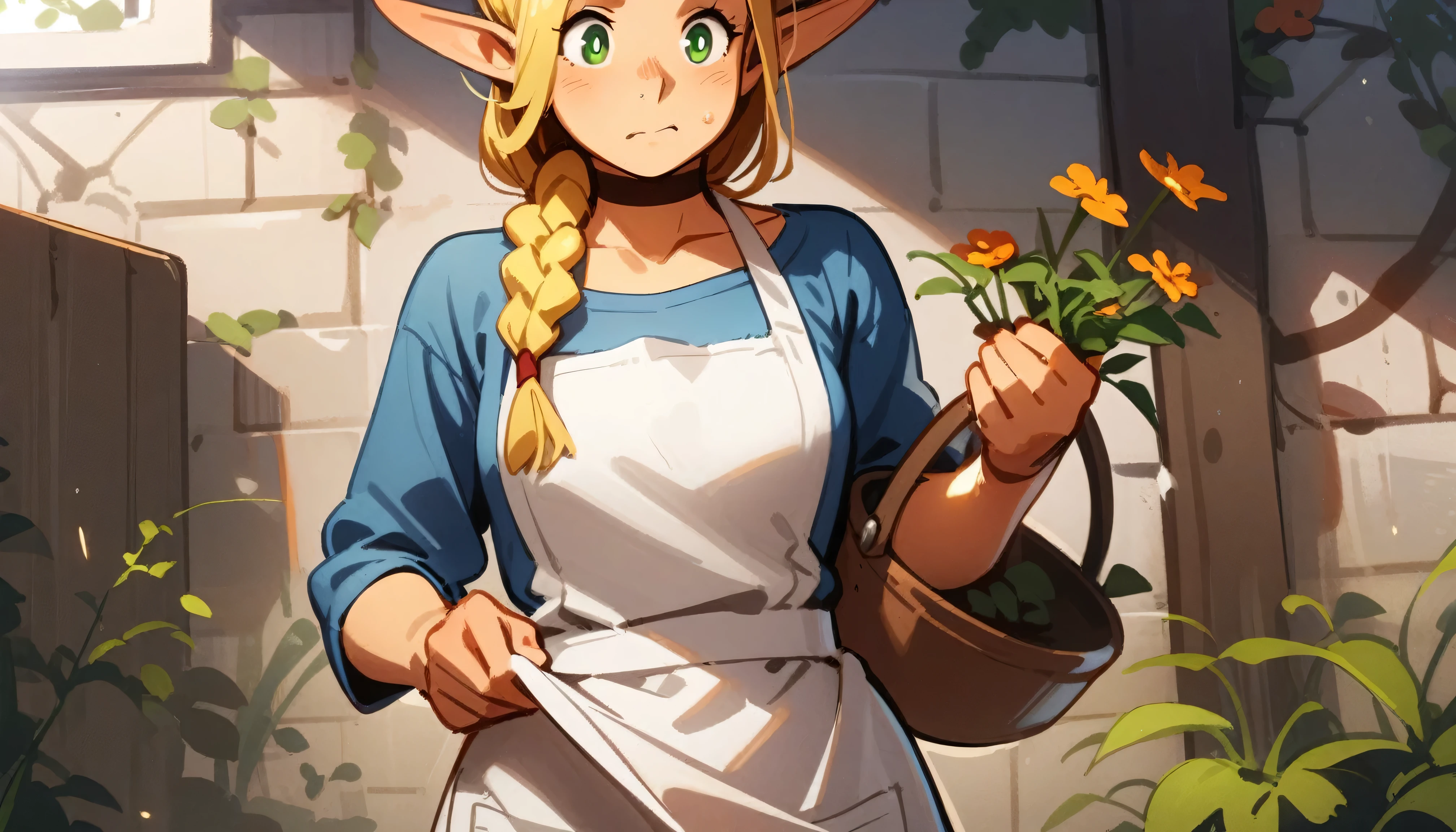 masterpiece, best quality, pointy ears, braid, solo, green eyes, elf, blonde hair, , 1girl, long hair, hair over shoulder, single braid, morning atmosphere,  , rating:nsfw, , wearing only white kitchen apron,  sexy, wet, (by khyle:0.5), garden, holding a pot of flowers, in the center of the frame, small breasts