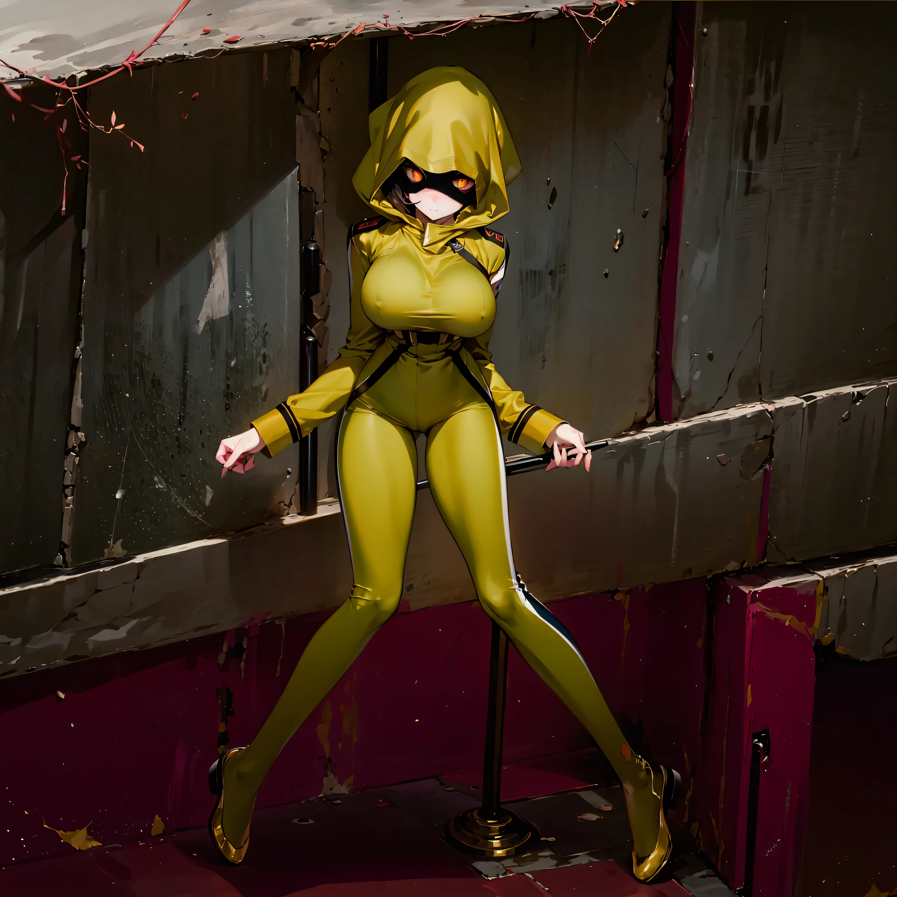 (solo cute girl standing in trench:1.3), (light brown hair:1.2) , (very long legs), (skinny long legs), (very short torso), BREAK, (open legs:1.2), tiptoe, pigeon toed, BREAK, (large breasts:1.2), perky breasts, thin waist, BREAK, (dark brown military uniform:1.4), (hood covers face), trousers, BREAK, nose blush, looking at viewer, BREAK, (glowing golden eyes:1.5), BREAK, (wire entanglement fence in background), BREAK, (masterpiece, best quality, ultra-detailed:1.5), (nsfw:0.3)