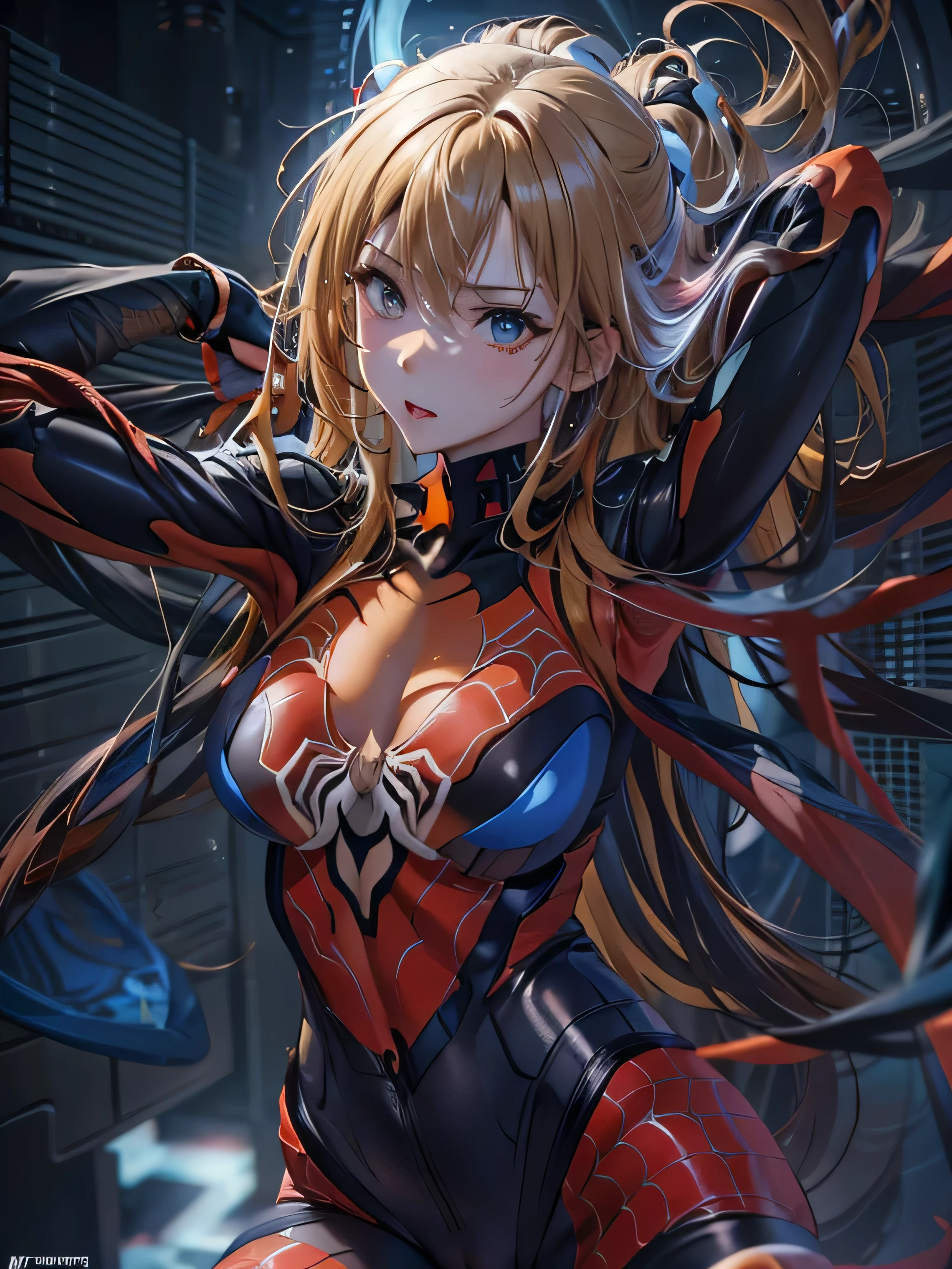 (photorealistic:1.8, highest quality:1.8,8K masterpiece:1.8,High resolution,muste piece:1.8,RAW Photos,cinematic lighting),
cyber punk、spider girl、(Soryu Asuka Langley)(High leg spider tight suit:1.7)((Moderate chest:1.3)、Arachne tattoo on chest、Arachne:1.2) (look back、squat、raise your hand:1.2)spiderweb、The white body contains Arachne threads.、(elation:1.4)、(Beautiful, shining blue, white, red, black, blonde hair:1.5)、
plump nipples、(cameltoe),No split screen,slender abs:1.2