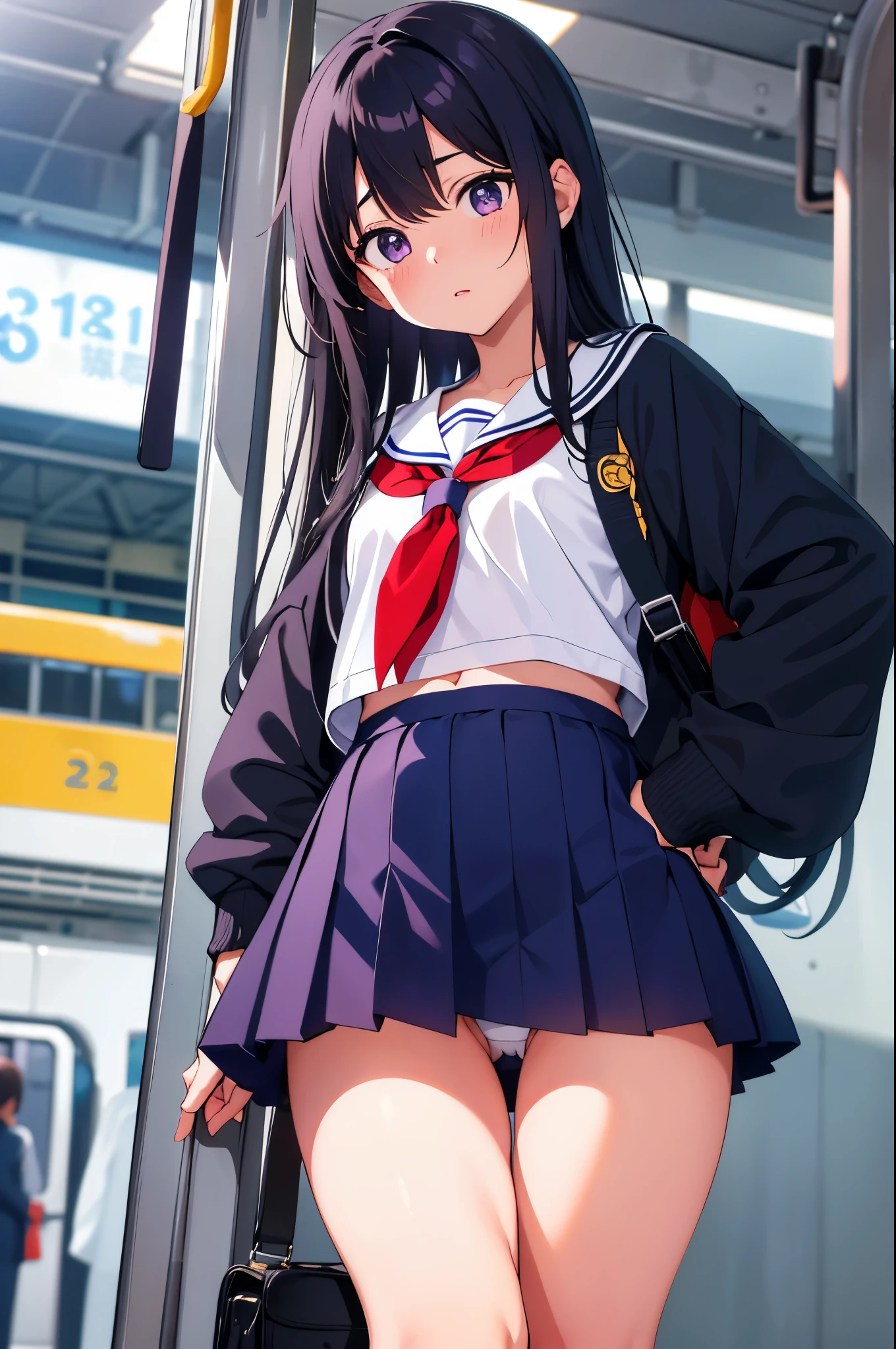 on the train elementary school girl 8-year-old flat chest black hair long hair eyes are purple ((1 person)) Upper half length sleeve white sailor uniform Lower body navy blue miniskirt((White panties are visible)) black socks sneakers Standing in front of the train entrance spread your legs a little I can see white panties dynamic angle Low angle from the front