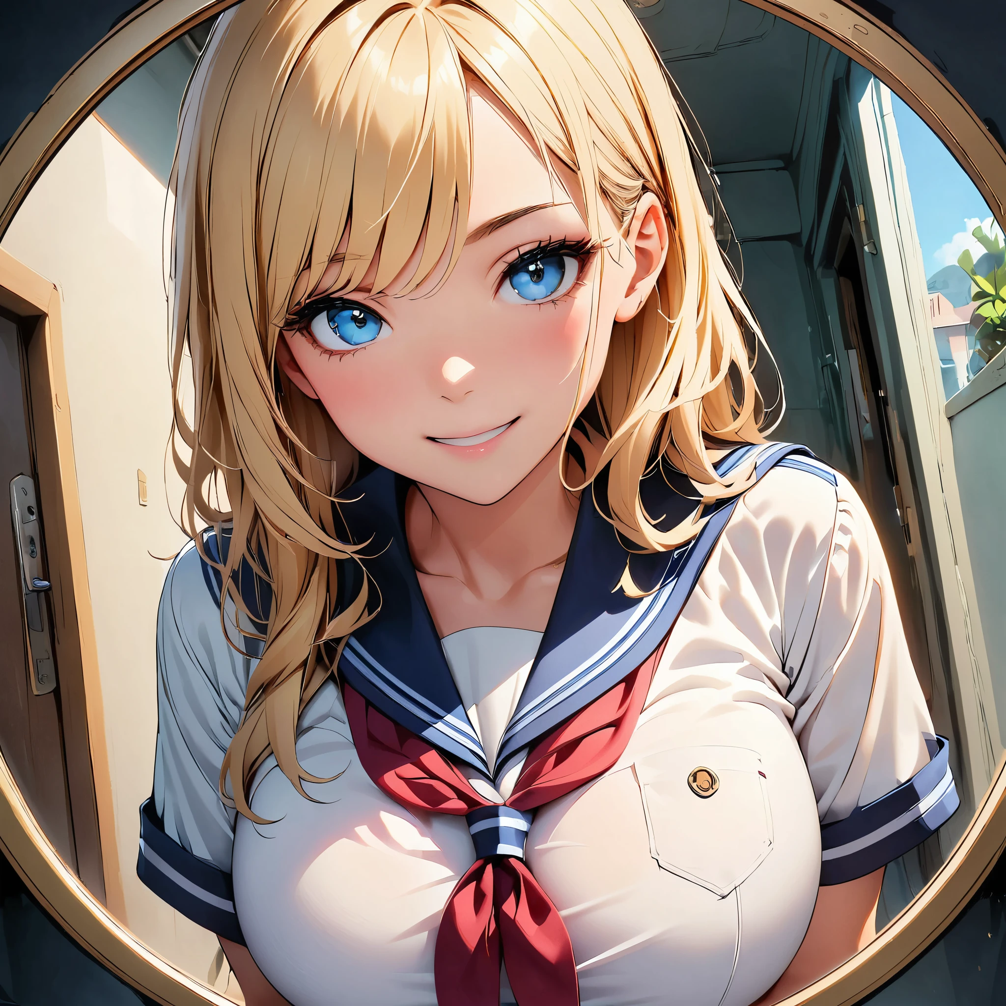 The view from the peephole, Realistic young woman with blonde hair(length to shoulder), blue eyes and big breasts. She is smiling at the viewer, sailor suit, pleated skirt. Screen vignetting, wide angle shot, The corners of the screen are blackened., There is a thrilling feeling when watching through a peephole..