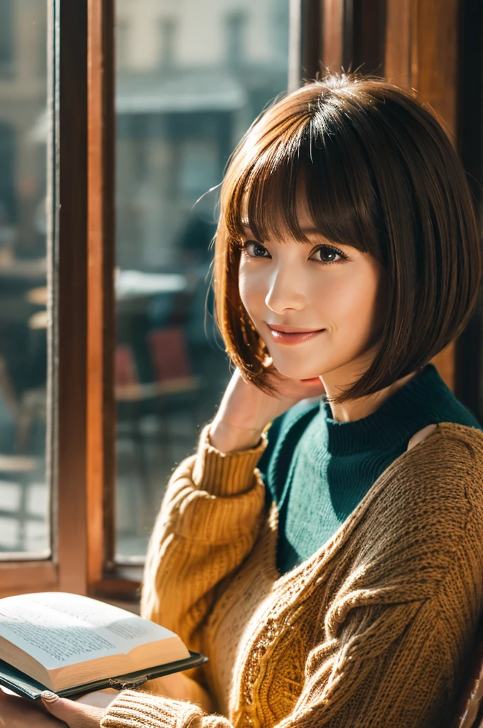 High resolution, beautiful woman with bob cut, reading a book, in a cozy cafe, soft smile, natural light, cinematic quality