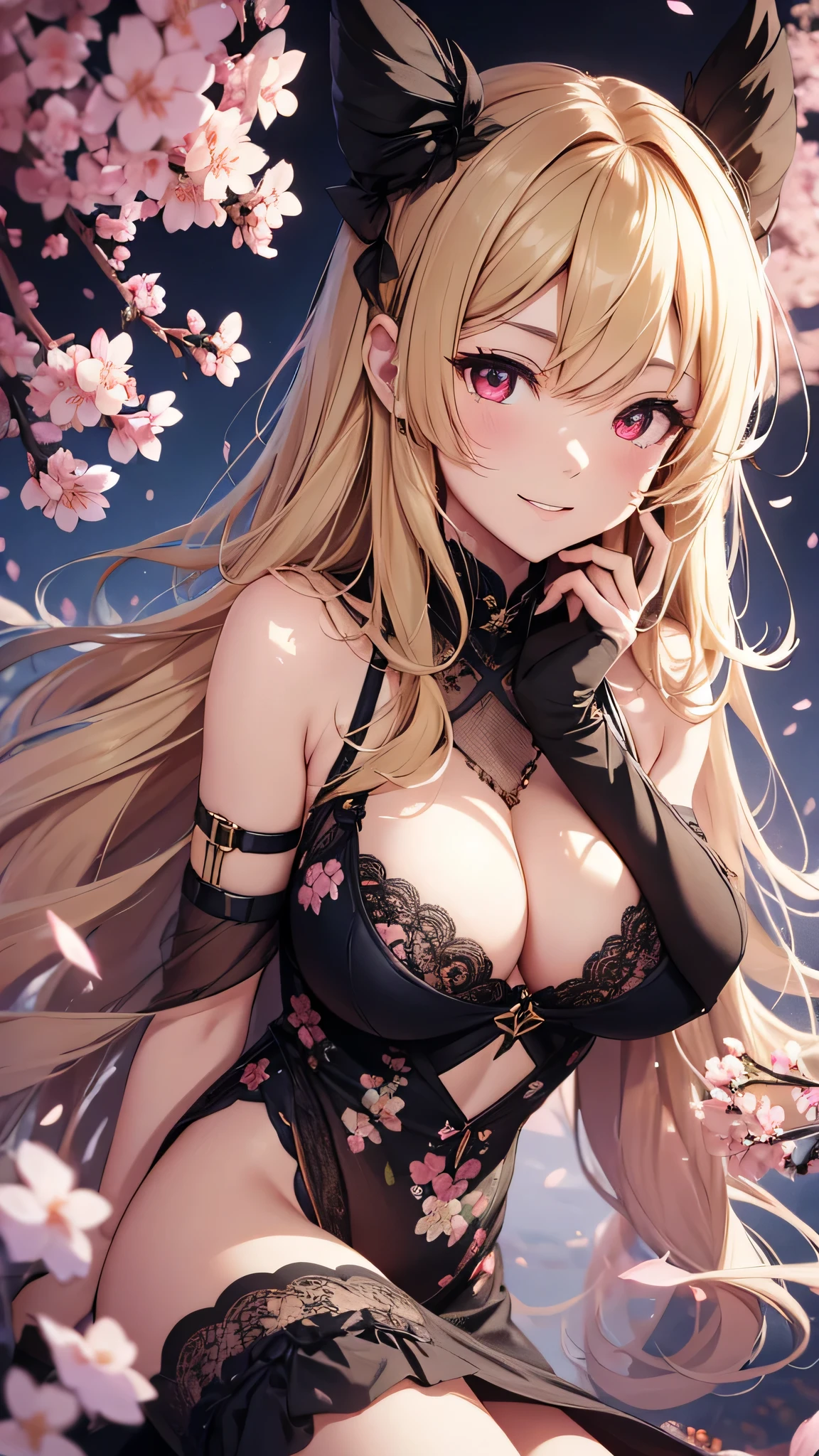 最high quality、best image quality、masterpiece、girl((18-year-old、 By becoming、vest bust、medium bust,wide open  tea、red glowing eyes, blonde、messy hair、long hair、thin,highest valley、Show the whole body、black cheongsam、open chest、black wristband、red high heels、sexy、smile、Leaning forward)),high quality、beautiful art、background((cyber world、cherry blossoms))、Flight、debris flies、Depth of written boundary、movie、visual art、perfect art、8K,genuine、