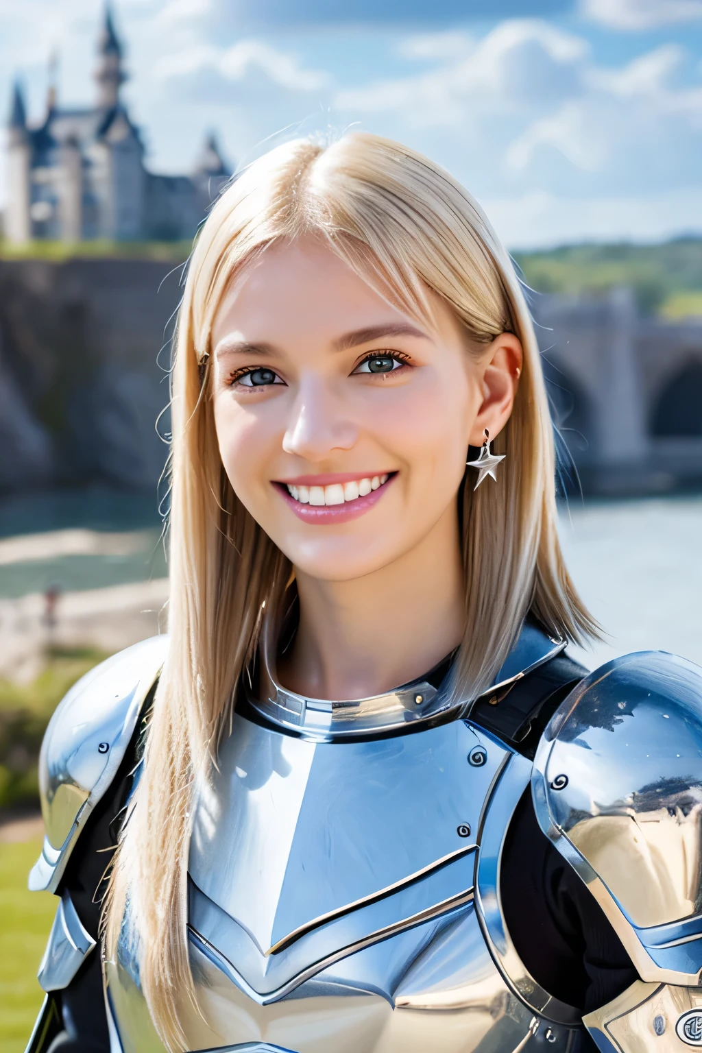 ８Ｋ、highest quality、female knight、The background is a castle、Luxurious Silver Armor、heavy equipment、hairstyle short cut、smile、beautiful teeth、full body photo、ear piercing、blonde、white woman、blue eyes、The background is a cloudy sky

