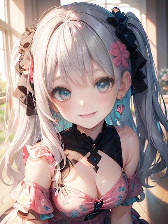 小さなgirl、The arrival of spring、big ass、 (alone:1.5,)Super detailed,bright colors, very beautiful detailed anime face and eyes, look straight, ;d, shiny_skin,girl, ((long silver hair,The inner color is red 、forehead is exposed.、green eyes、、shiny hair, delicate beautiful face, blush、(turquoise eyes), White skin, Valletta, earrings,、blue flower field、(((Layered Styles、Pink ruffled dress with floral print、black mini skirt)))、twin tails、smile、smile、Face dyed red