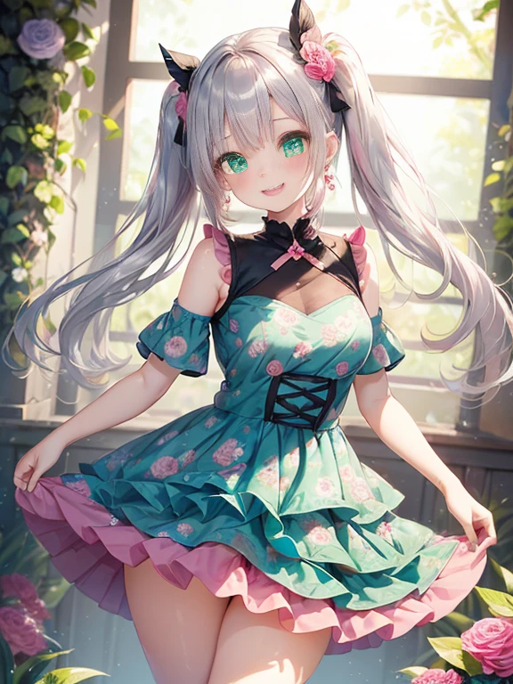 小さなgirl、The arrival of spring、big ass、 (alone:1.5,)Super detailed,bright colors, very beautiful detailed anime face and eyes, look straight, ;d, shiny_skin,girl, ((long silver hair,The inner color is red 、forehead is exposed.、green eyes、、shiny hair, delicate beautiful face, blush、(turquoise eyes), White skin, Valletta, earrings,、blue flower field、(((Layered Styles、Pink ruffled dress with floral print、black mini skirt)))、twin tails、smile、smile、Face dyed red