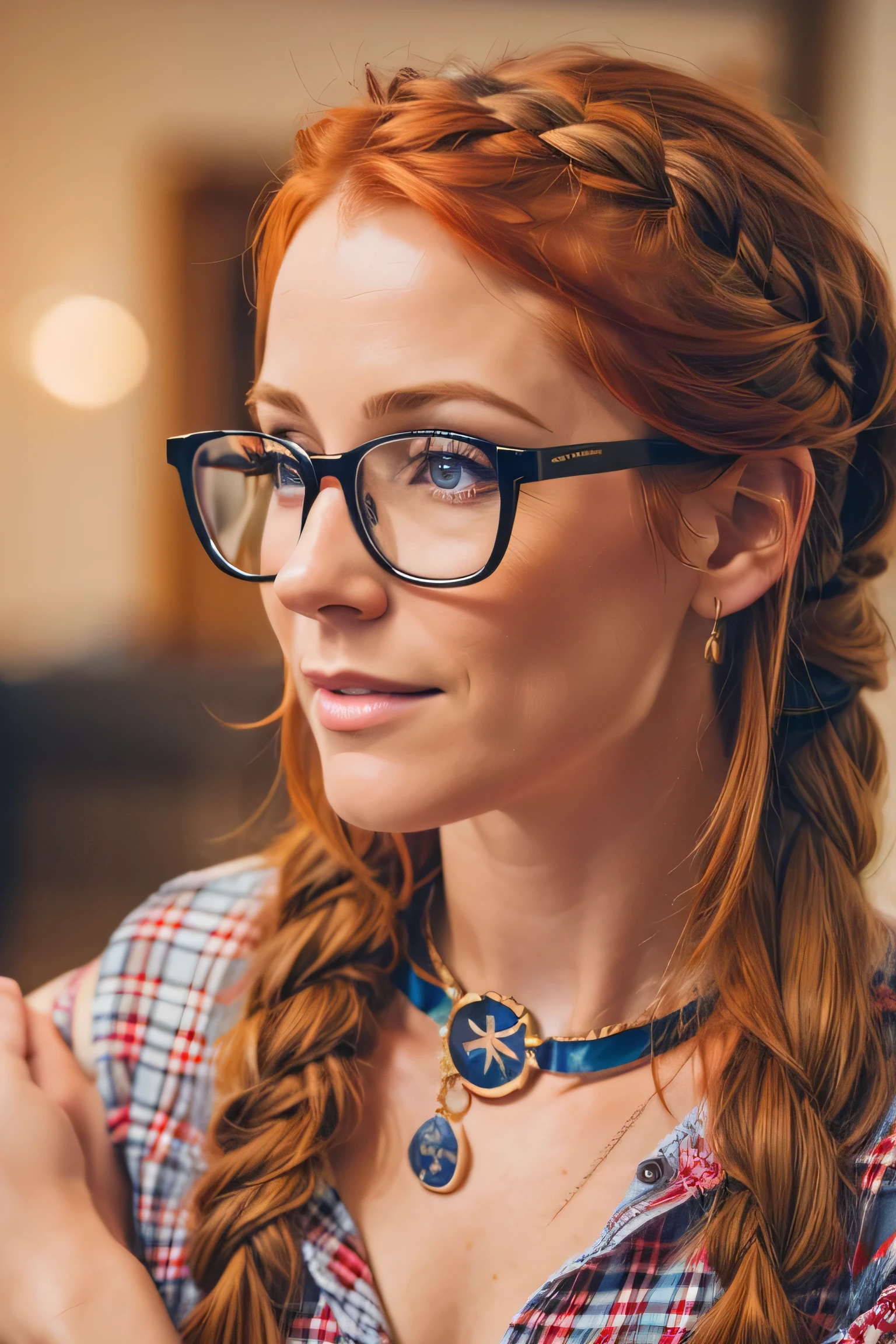 Penny pax redhead long hair braids glasses collar soft curves from above leaning in, close up, american shot, 35yo, (sexy clothes)