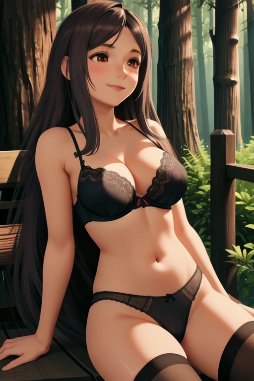 Serena&#39;s Packaging, 1 girl, alone, , brown hair, long hair, low-tied long hair, have, pink hat,, black stockings,
smile,closed mouth,cowboy shot,sitting,
forest,outdoor,
(very detailed, Beautiful and dense face, masterpiece, highest quality) cinematic lighting,、big breasts、black bra、Black string