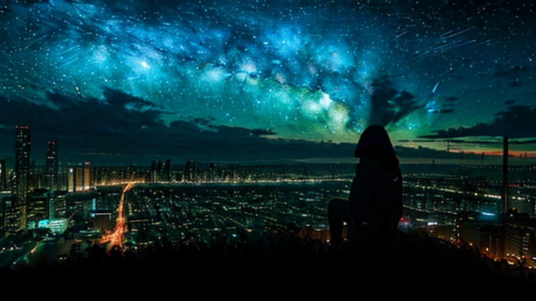 octane number, null, star (null), landscape, starry null, night, only , night null, alone, outdoor, sign, building, cloud, milky way, sitting, wood, long hair, city, silhouette, cityscape