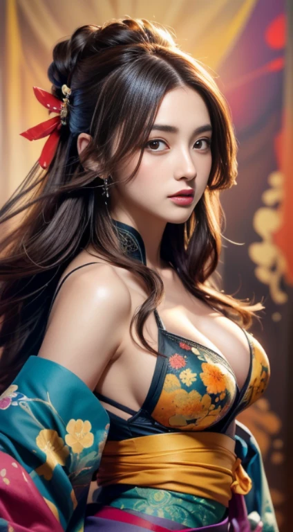 A female warrior in a kimono, without any armor. The artwork is highly detailed, showcasing the intricacies of the clothing and the hair. The background is abstract, with splashes of red, yellow, green, blue, purple, and orange paint that add a dynamic and colorful atmosphere to the composition. The image also has some Asian characters written on the top right corner. They read “ninja” in Japanese. This suggests that the figure might be a ninja, a covert agent