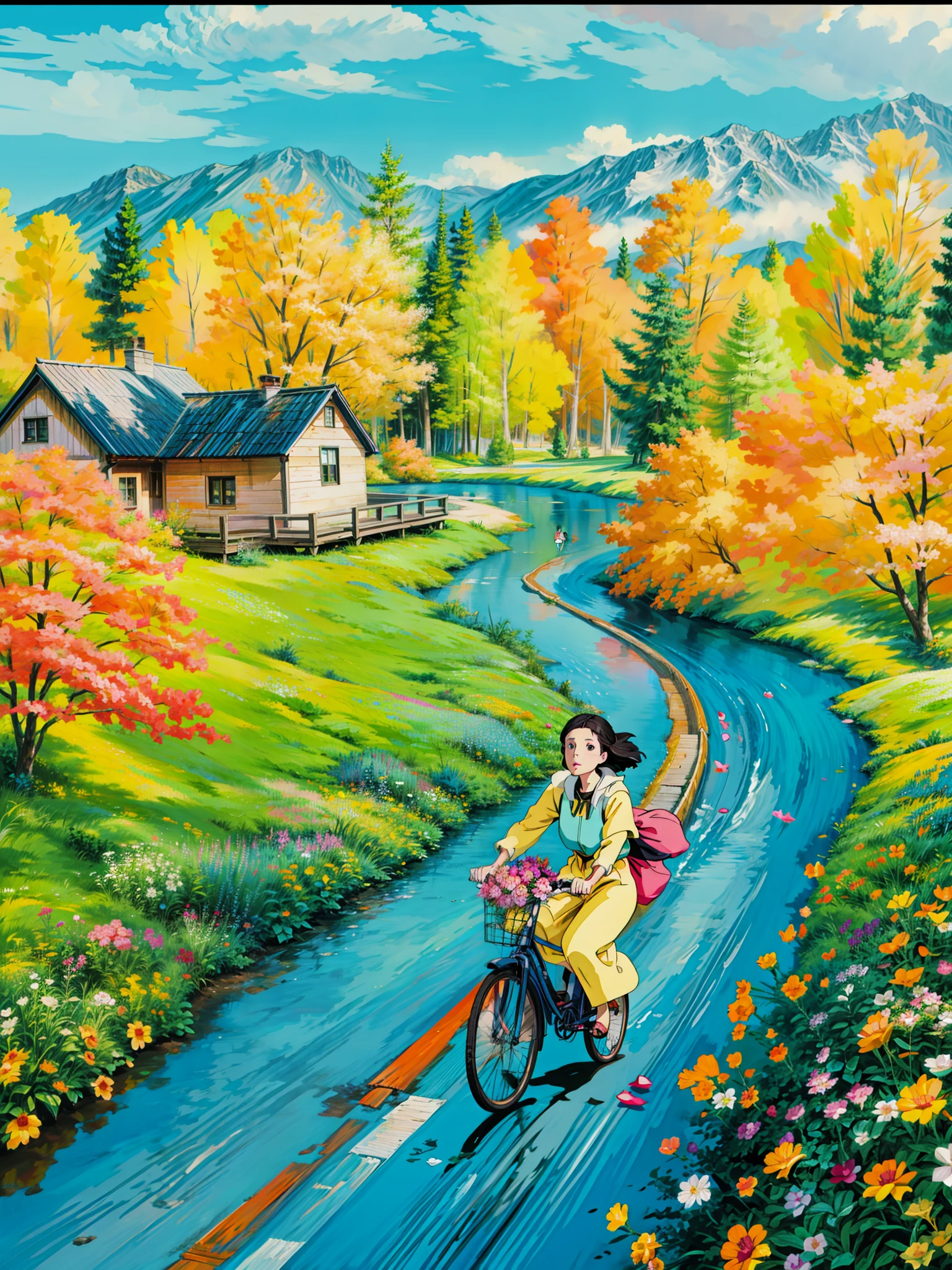 a painting of a woman riding a bike down a road, colorful landscape painting, vibrant gouache painting scenery, by Pamela Ascherson, ( colorful ), by Joanna Carrington, hiroo isono, colorful painting, by Bob Thompson, colorfull painting, girl walking in a flower field, girl walking in flower field, by Judy Cassab, by Sarah Gough Adamson, 4k hd,, beautiful art uhd 4 k, a beautiful artwork illustration, beautiful digital painting, highly detailed digital painting, beautiful digital artwork, detailed painting 4 k, very detailed digital painting, rich picturesque colors, gorgeous digital painting