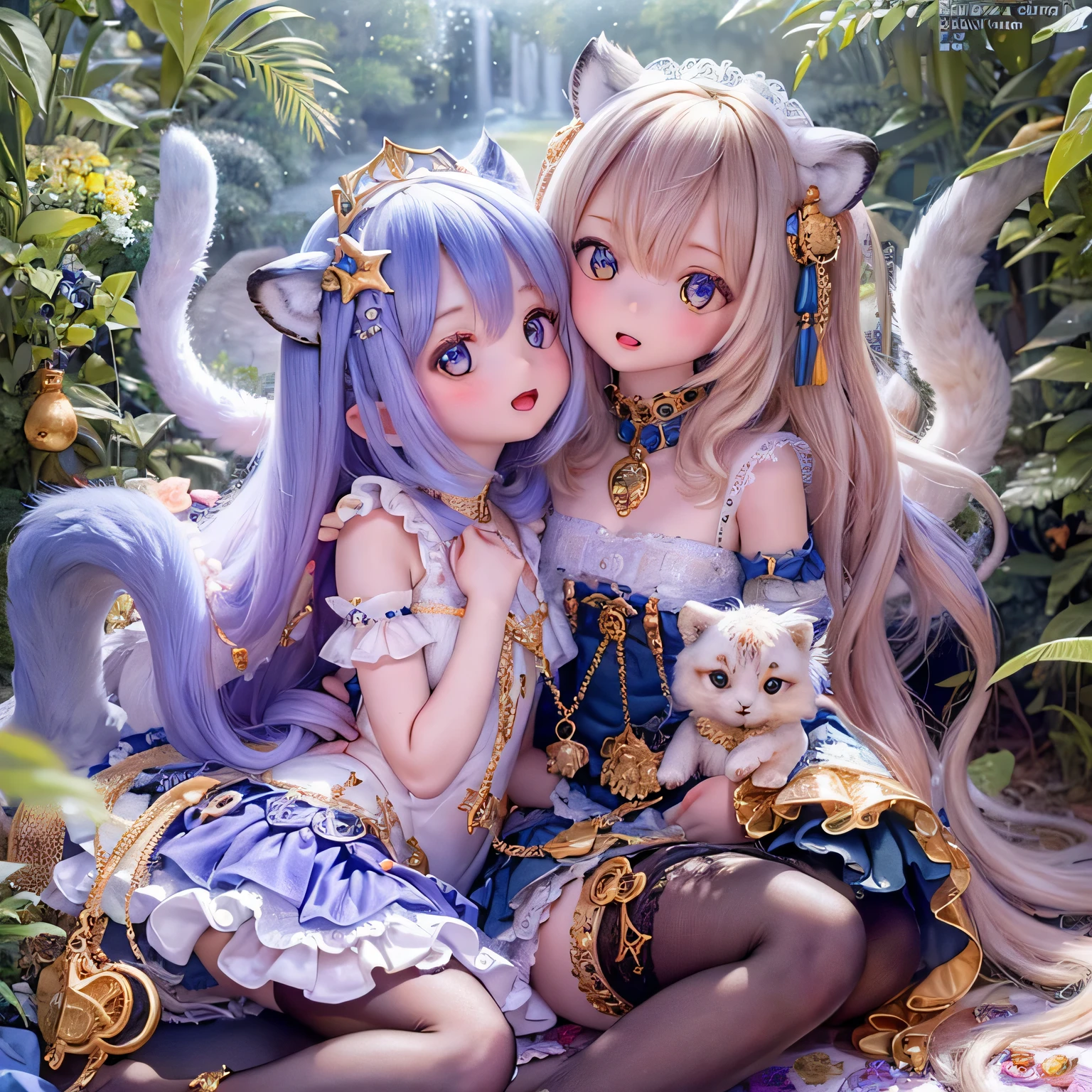 (best quality,4k,8k,highres,masterpiece:1.2),ultra-detailed,realistic,white tiger girls chibi,beautiful detailed eyes,longeyelashes,detailed lips,girls wearing colorful and cute outfits,playing in a magical garden filled with vibrant flowers and tall trees,soft and warm sunlight filtering through the leaves,creating a magical and dreamy atmosphere,sparkling ethereal fairy dust floating in the air,bringing a sense of enchantment and wonder to the scene,delicate and intricate tiger patterns on their skin,glowing with a soft, mystical light,the girls' innocent and joyful expressions, 
highlighting their pure and playful nature,tiny and adorable chibi forms, 
enhancing their cuteness, a harmonious blend of the real and fantastical, 
evoking a sense of childlike joy and imagination, vibrant and lively color palette, 
with shades of pink, purple, and blue,painting-like texture, adding depth and richness to the artwork, capturing the magical essence of the scene.