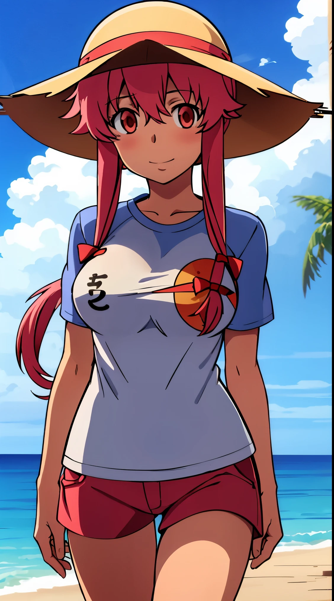 Yuno gasai is walking along the beach wearing short shorts and wearing a (t-shirt:1.5), summer, beach, (large breasts:1.1), red eyes, beach, sunbathing, relaxing, sunbed, happy, (((sun hat)))