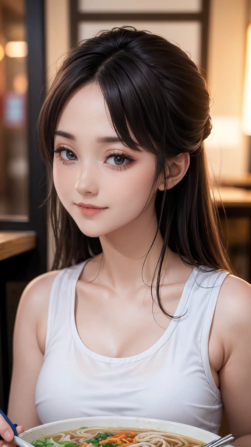 realistic pictures (1 cute korean actress), Tank top, At a ramen shop, smile, canon eos, clear facial features, close-up portrait, Cinematic mode, 8K