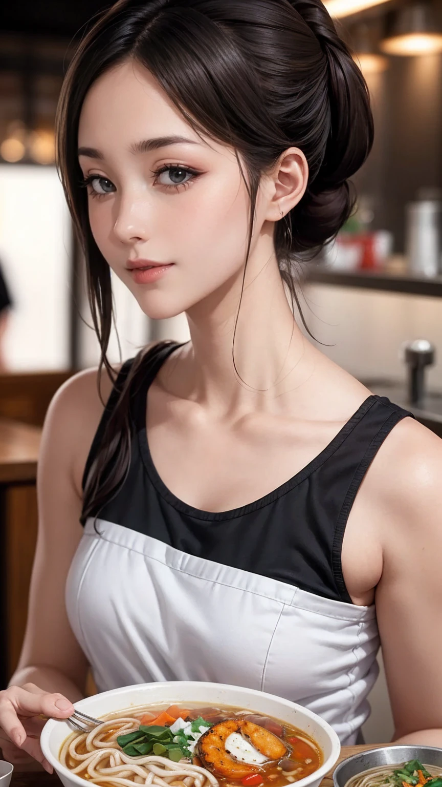 realistic pictures (1 cute korean actress), Tank top, At a ramen shop, smile, canon eos, clear facial features, close-up portrait, Cinematic mode, 8K