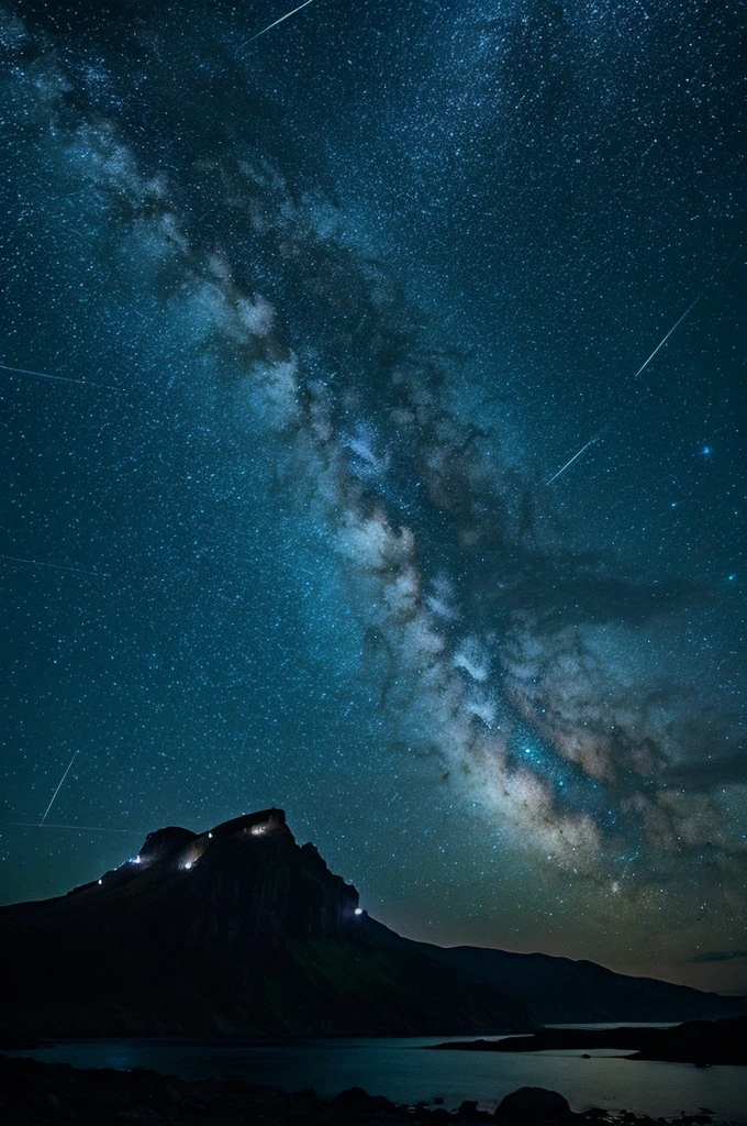 night sky、the stars are beautiful、You can see shooting stars too、moon、horizontal line、landscape、scenery