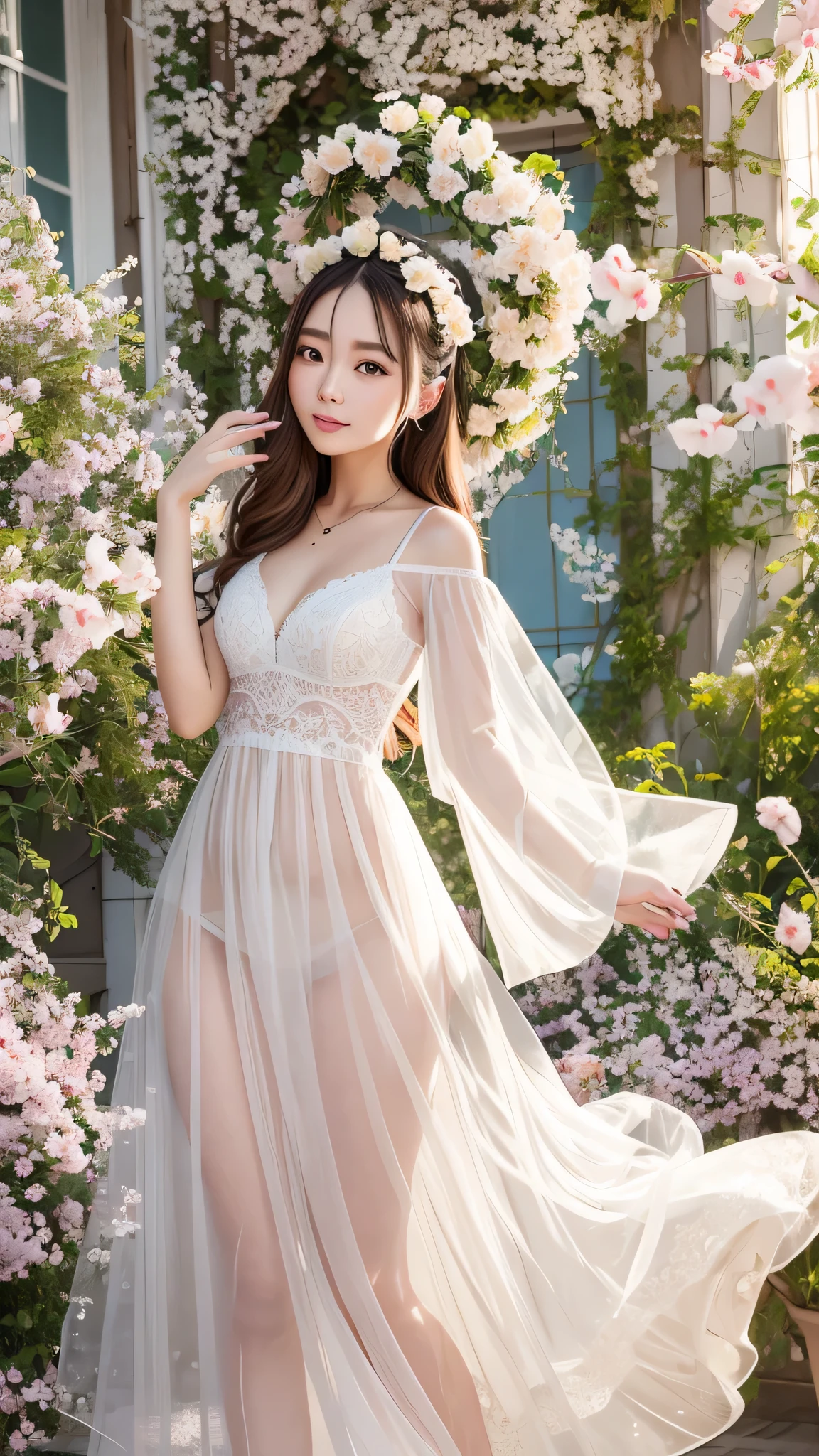 Beautiful white and shining skin、Chestnut hair that changes depending on the light、Long bangs between the eyes that obstruct the view、Cheek gloss highlights、Sexy and very beautiful nice gorgeous face、the most beautiful face in the world、small face beauty、golden ratio、full body shot、short hair、plump breasts、cleavage、slender、open your mouth a little、solo、natural soft light、Spring-like fashion、long dress、Cherry blossom trees、Dancing cherry blossom petals、
