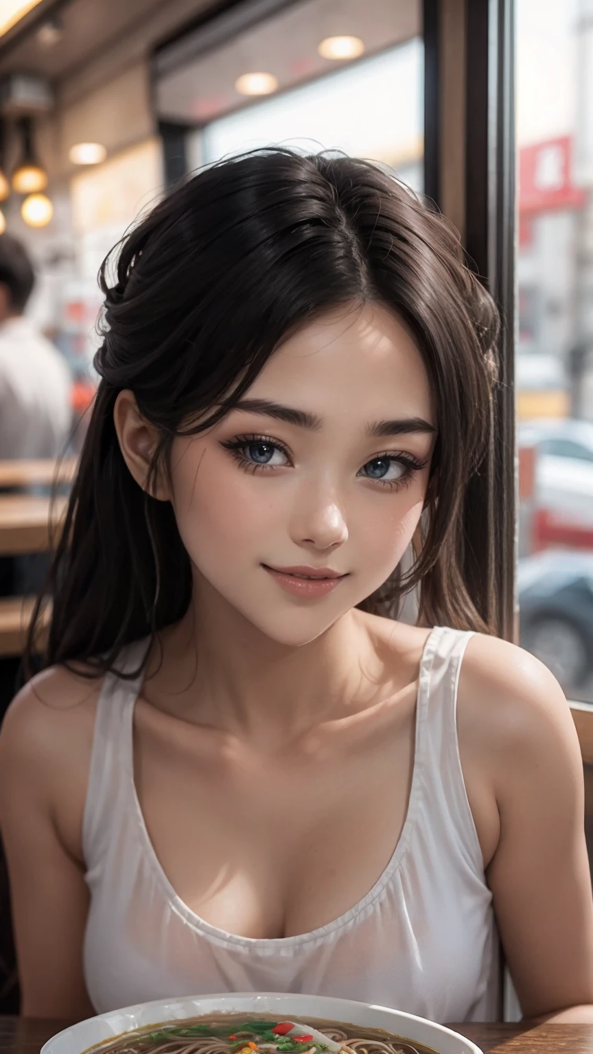 realistic pictures (1 cute korean actress), Tank top, At a ramen shop, smile, canon eos, clear facial features, close-up portrait, Cinematic mode, 8K