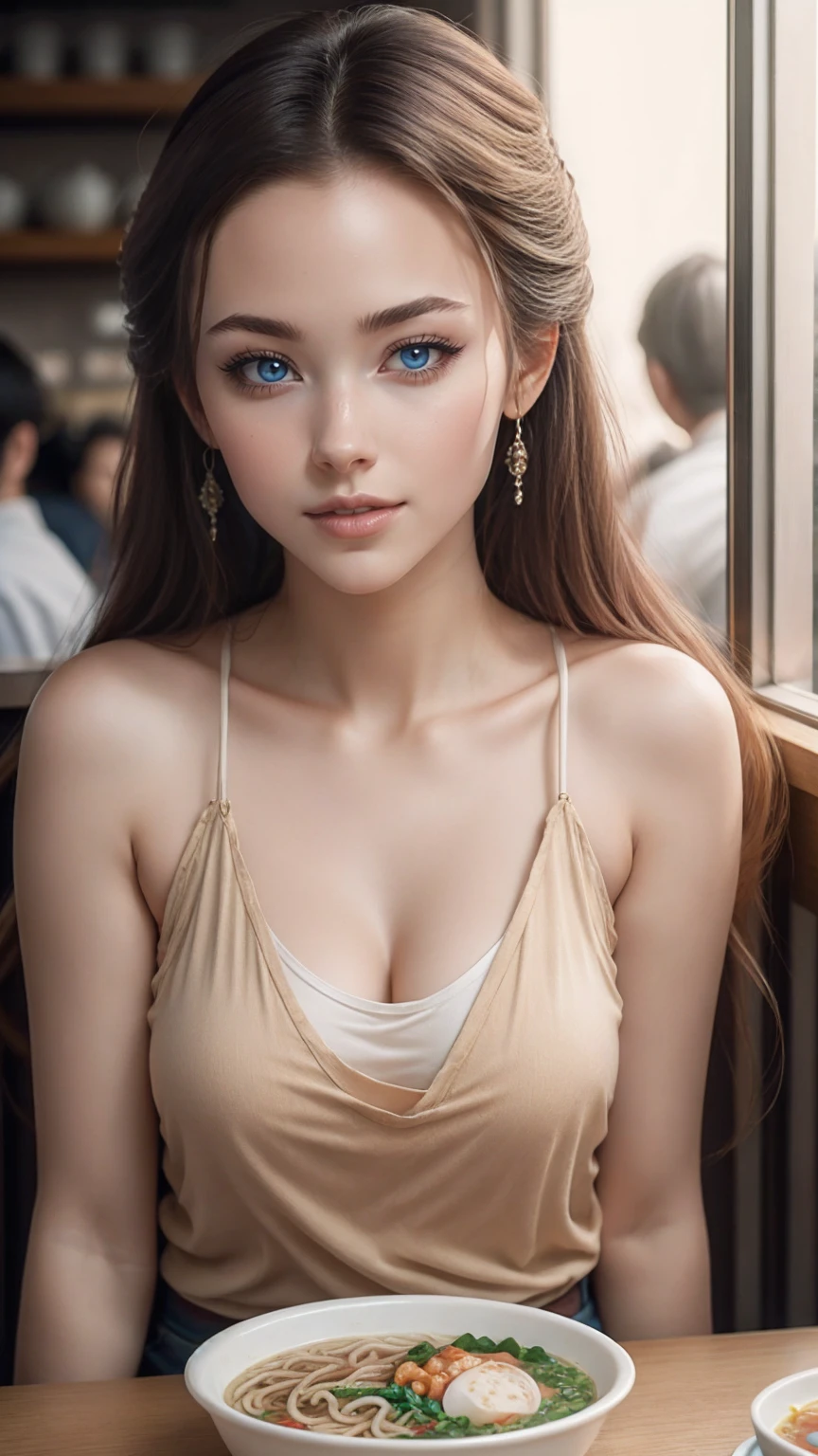 realistic pictures (1 cute korean actress), Tank top, At a ramen shop, smile, canon eos, clear facial features, close-up portrait, Cinematic mode, 8K