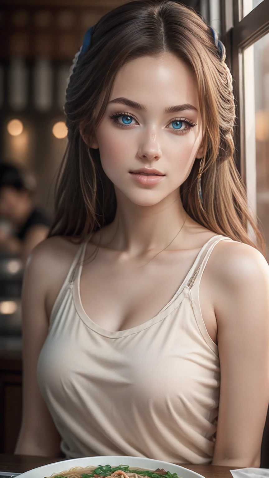 (1girl), C-cups, realistic, photorealistic, detailed facial features, beautiful eyes, delicate lips, porcelain skin, natural lighting, warm color palette, cinematic composition, high resolution, intricate details, masterpiece