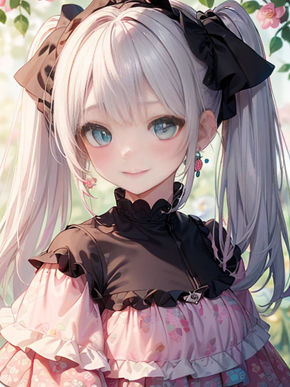 小さなgirl、The arrival of spring、big ass、 (alone:1.5,)Super detailed,bright colors, very beautiful detailed anime face and eyes, look straight, ;d, shiny_skin,girl, ((long silver hair,The inner color is red 、forehead is exposed.、green eyes、、shiny hair, delicate beautiful face, blush、(turquoise eyes), White skin, Valletta, earrings,、blue flower field、(((Layered Styles、Pink ta dress with floral print、black mini skirt)))、twin tails、smile、smile、Face dyed red