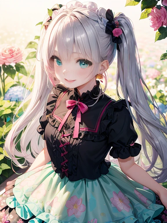 小さなgirl、The arrival of spring、big ass、 (alone:1.5,)Super detailed,bright colors, very beautiful detailed anime face and eyes, look straight, ;d, shiny_skin,girl, ((long silver hair,The inner color is red 、forehead is exposed.、green eyes、、shiny hair, delicate beautiful face, blush、(turquoise eyes), White skin, Valletta, earrings,、blue flower field、(((Layered Styles、Pink ta dress with floral print、black mini skirt)))、twin tails、smile、smile、Face dyed red
