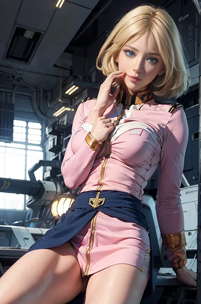 excellent anatomy, masterpiece, highest quality,realistic, hyperrealistic,Real 16K HDR,1 beauty woman,dark blue eyes,blonde hair、strong gaze、growing eyes、(Pink Federation Uniform),very detailed、Raw texture、Sayla Mass、Detailed depiction of hands,(super mini skirt,micro panties:1.2),medium breasts,(from below,sexy pose,spread your legs:1.2),Background of military bases,smile