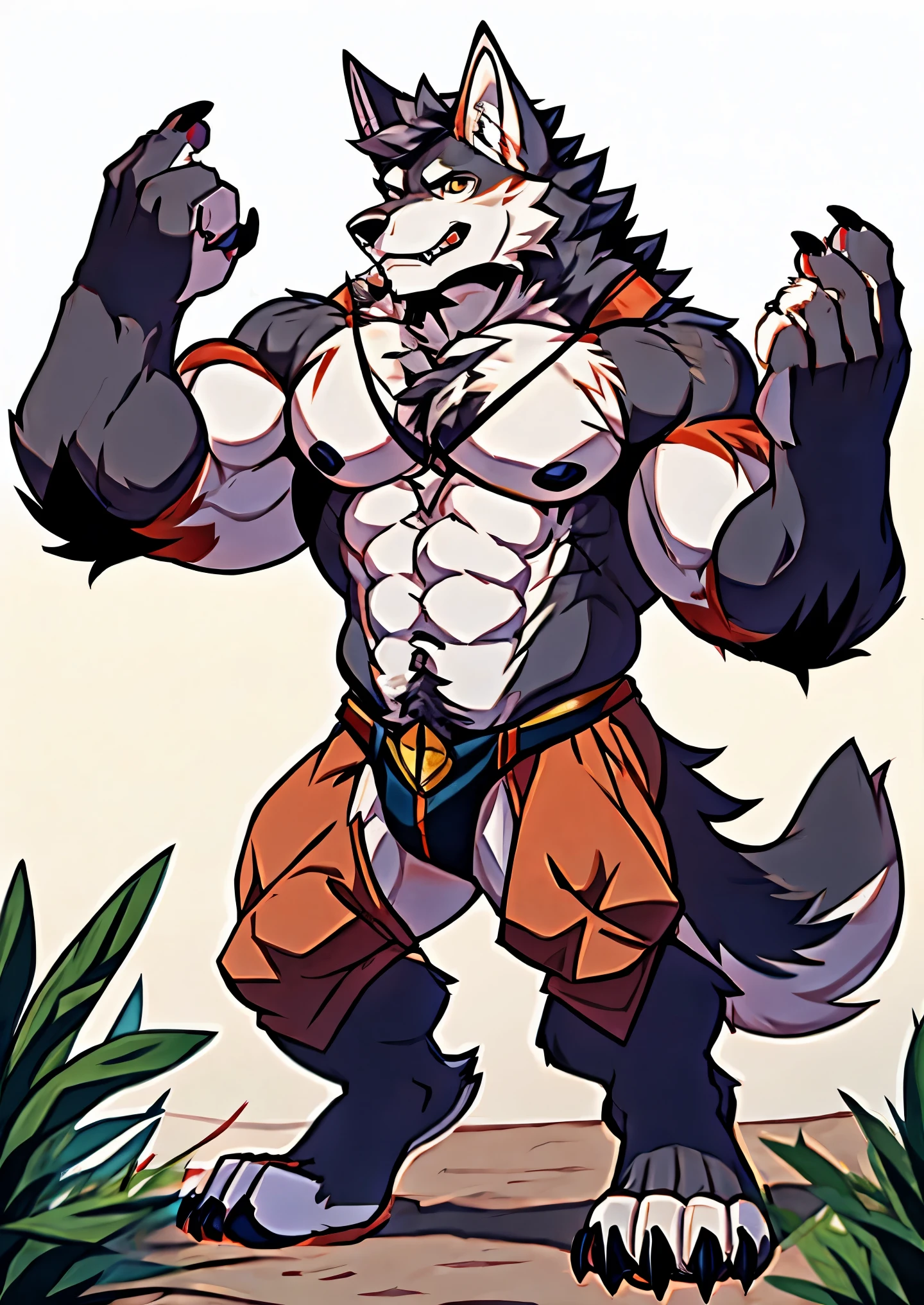 Human-wolf，musculous，Hairy all over，clawed paws，erect through