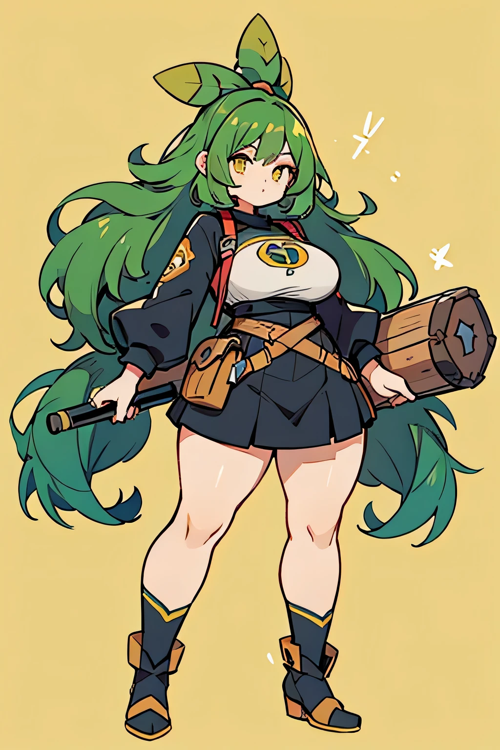 human gorillander pokemon; big breasts;full body;Gorylander Pokemon-inspired costume;female;black clothes;green hair;yellow eyes;drum;No background;background white;thick thighs