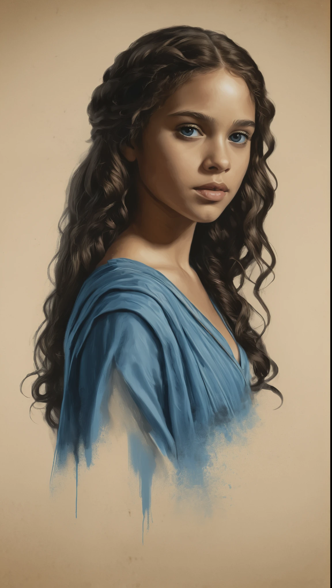 An illustrated movie poster, hand-drawn, full color, a young girl, wearing a chiton, warm brown complexion, pale green eyes, ashy hair, long loose curls, waist-length hair, posing on a pedestal, hard shadows, graphite shading, stencil marks, airbrushed acrylic paint, masterpiece, in the style of Game of Thrones